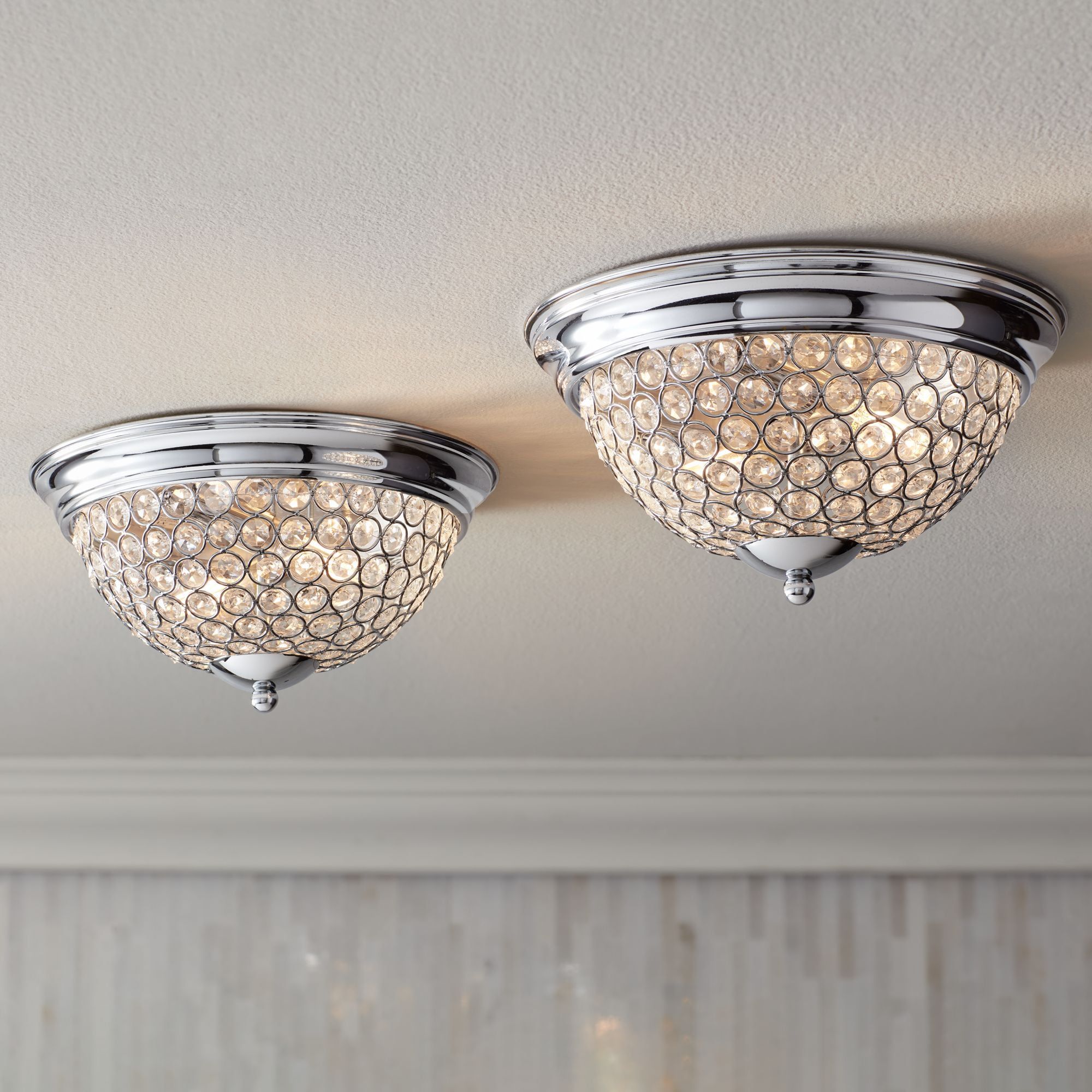 Gleaming Chrome 15" Crystal Bowl Flush Mount Ceiling Light Pair