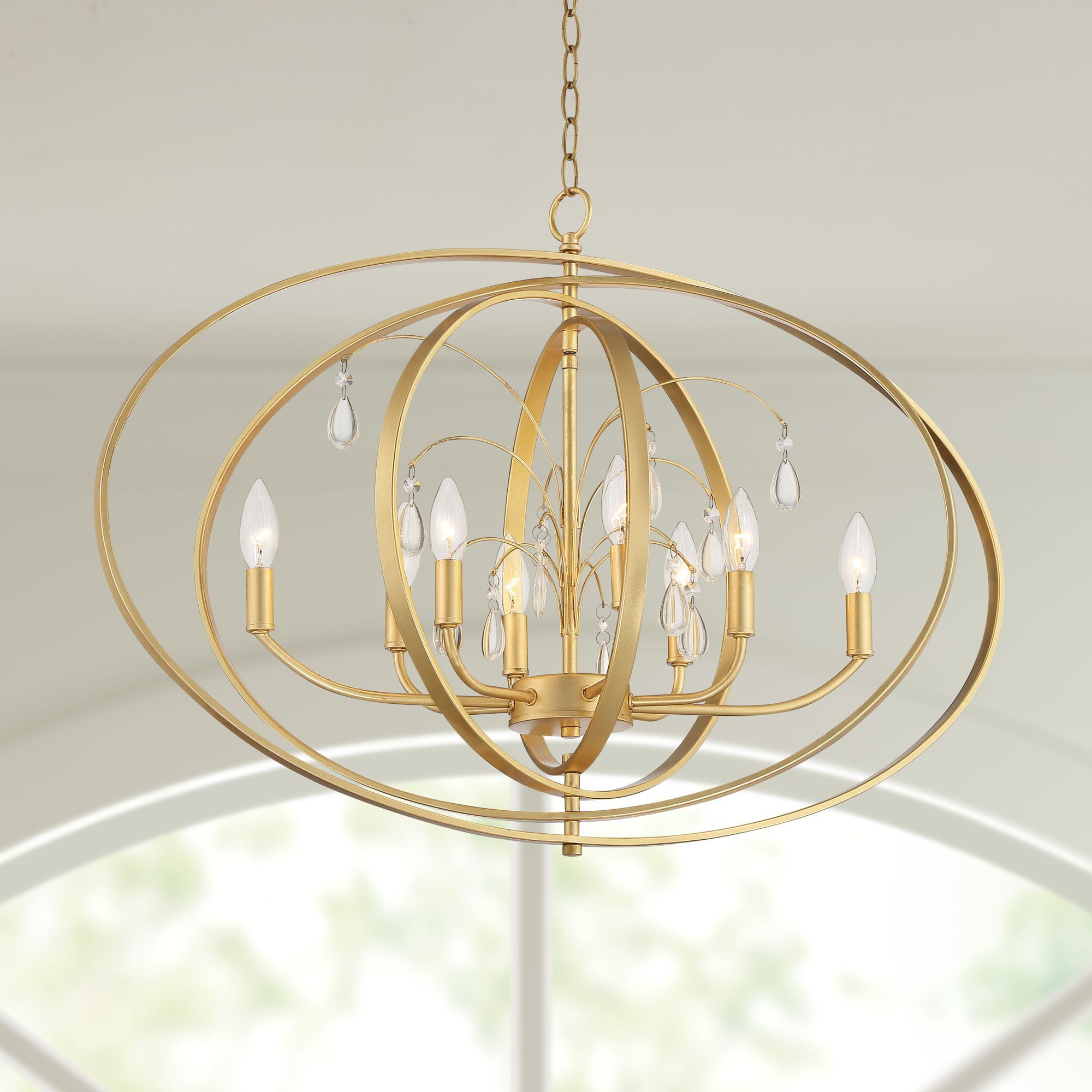 Elegant Gold Leaf and Clear Crystal 8-Light Pendant Chandelier