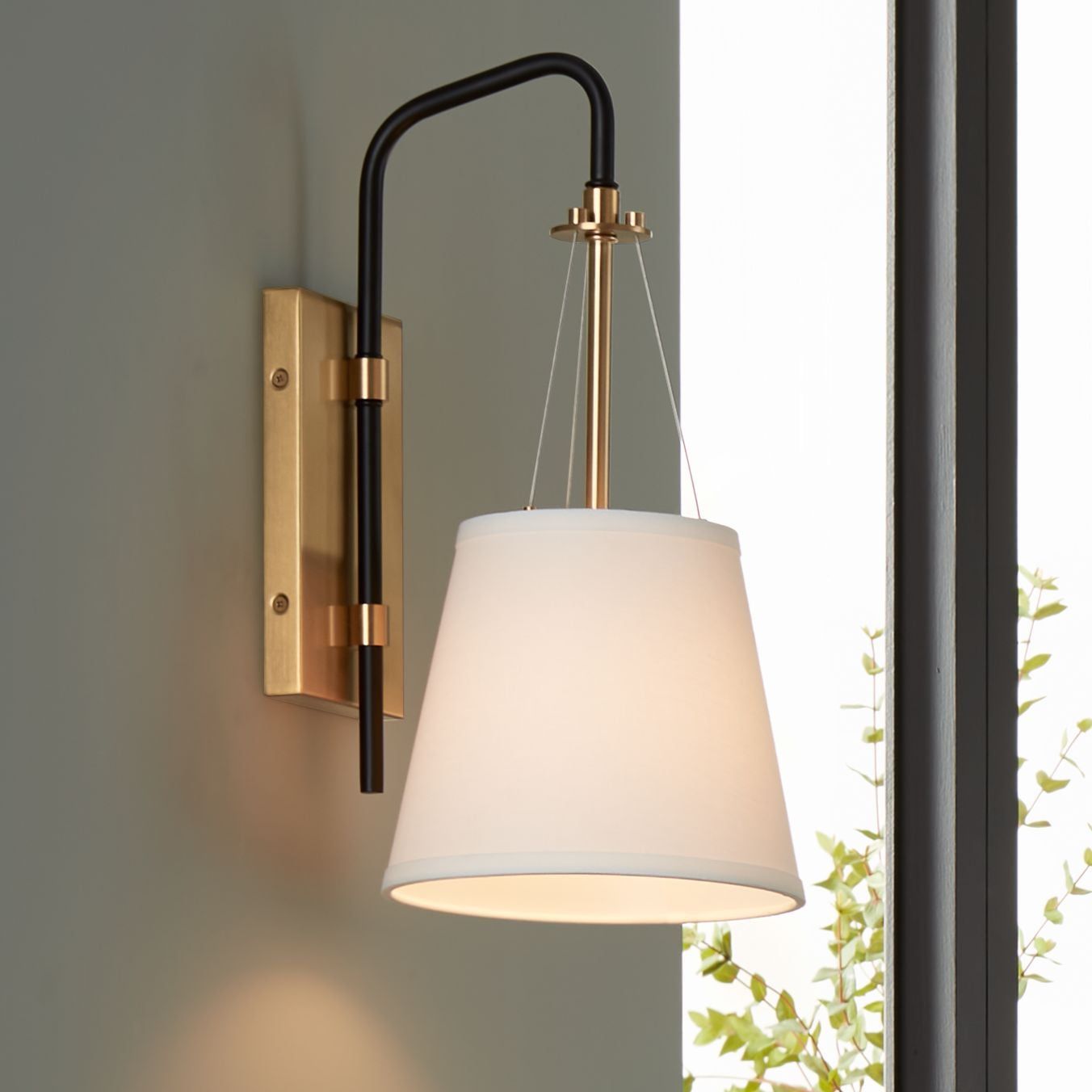 Crysta Mid-Century Brass & Black Wall Sconce with White Linen Shade