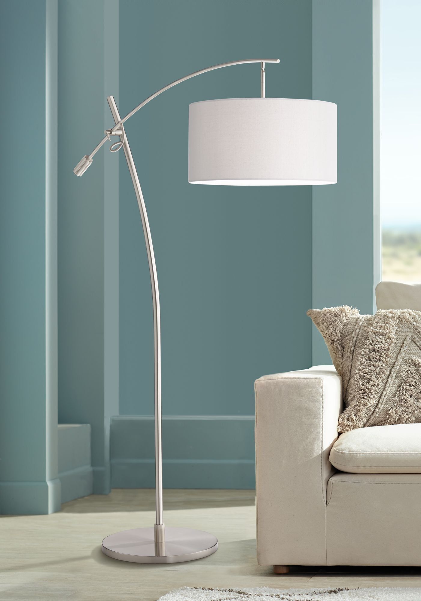 Adjustable Brushed Steel Arc Floor Lamp with Off-White Linen Shade