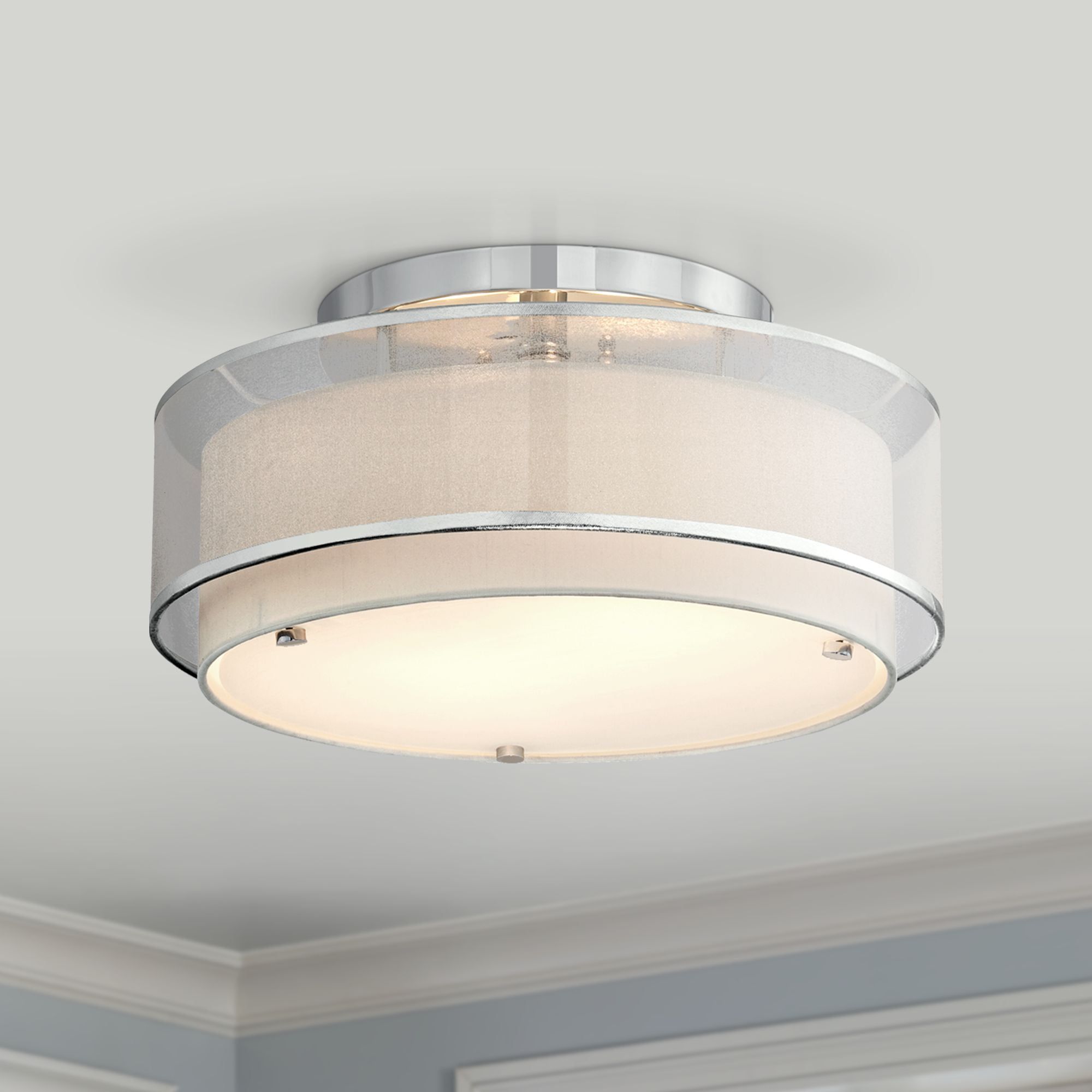 Chrome Double Drum Shade Semi-Flush Mount Ceiling Light