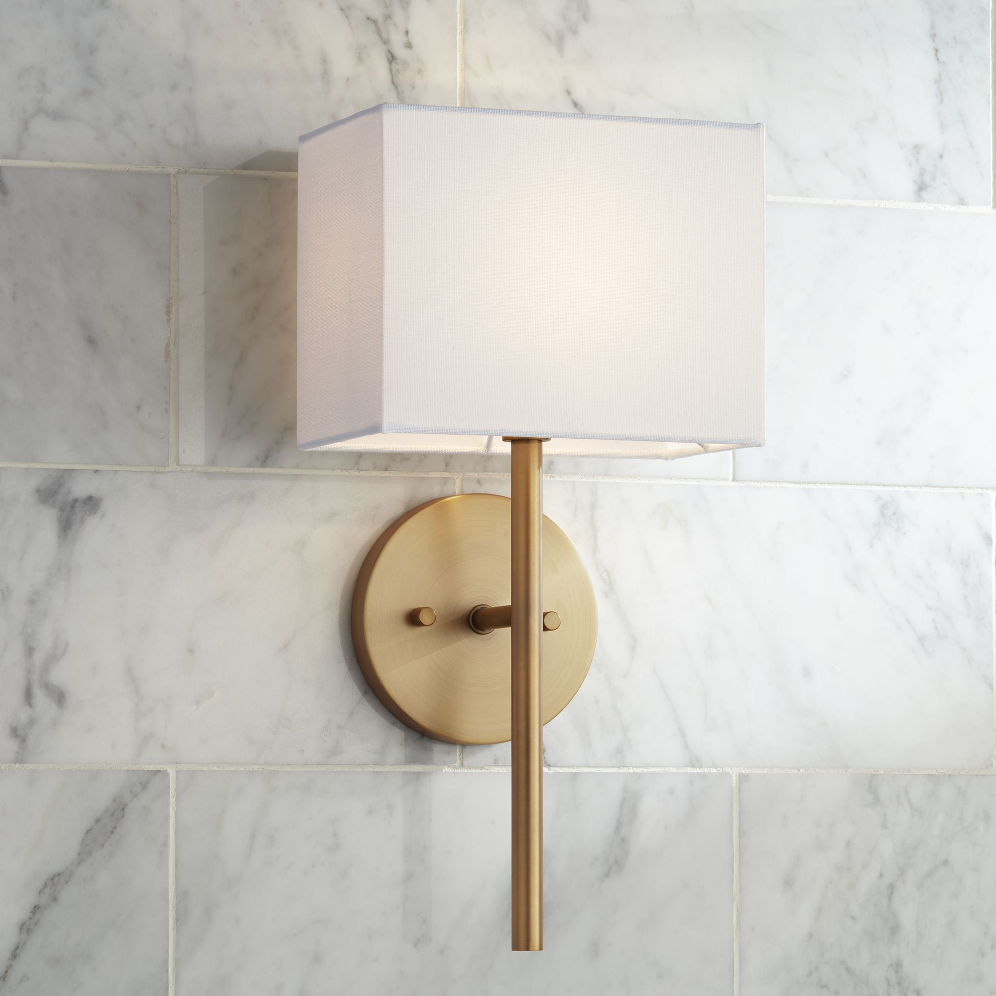 Favreau Warm Brass 14" Wall Sconce with Rectangular Linen Shade