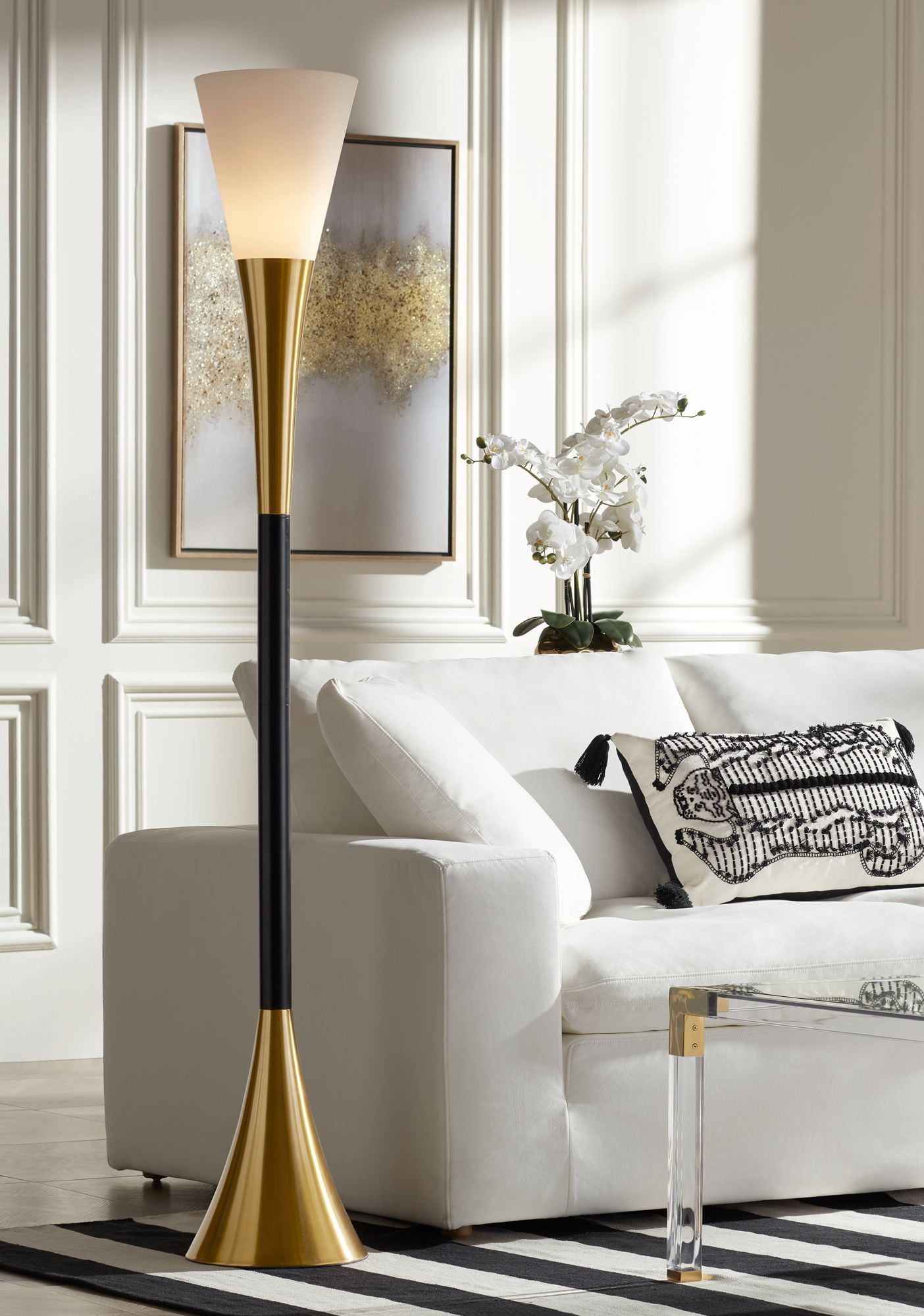 Elegant Black and Brass Torchiere Floor Lamp with Frosted Glass