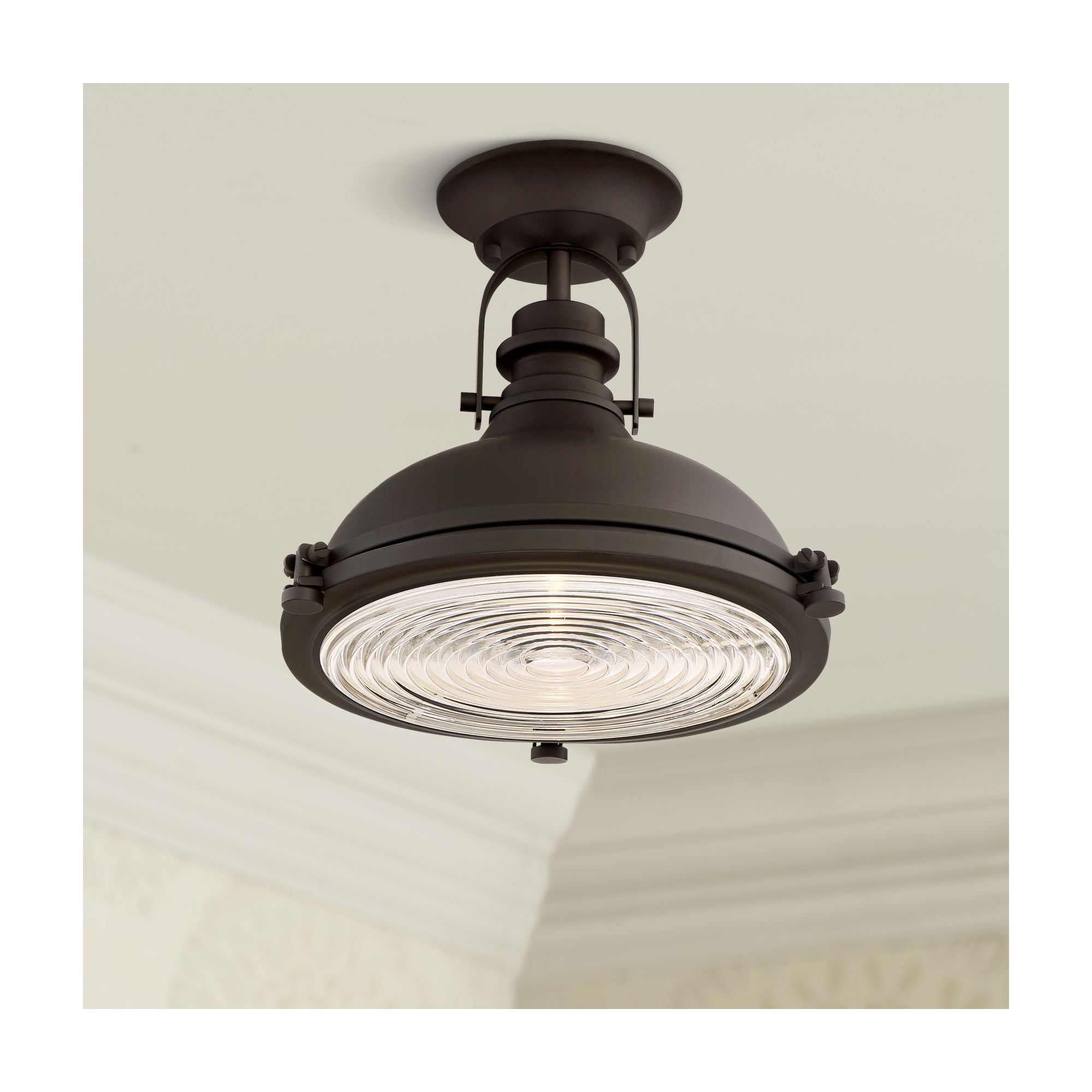 Bronze Dome 14" Industrial Semi-Flush Mount with Clear Ribbed Glass