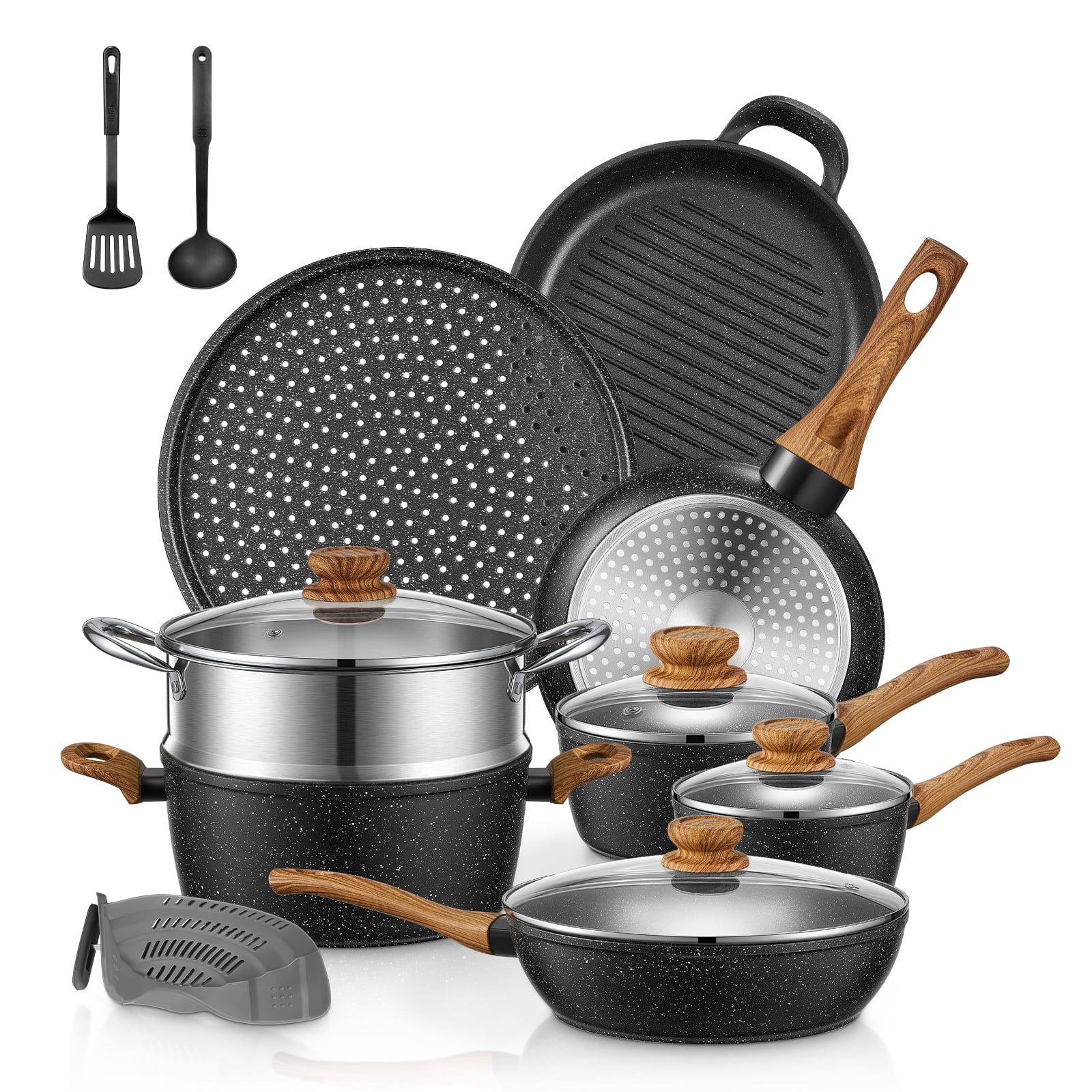 Black 15-Piece Nonstick Aluminum Cookware Set with Wood-Style Handles