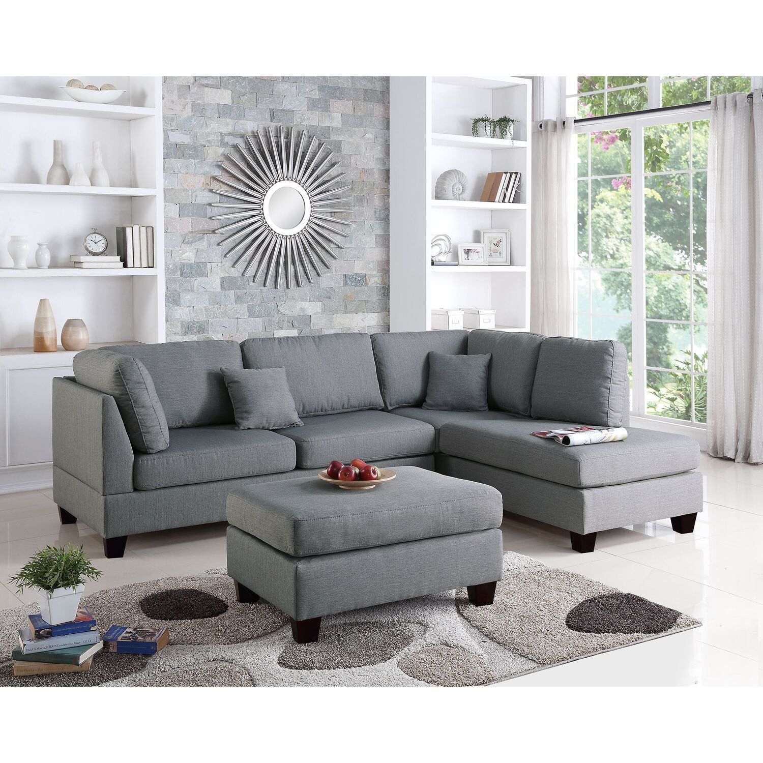 Plush Linen-Like Grey Sectional Sofa Set with Matching Ottoman