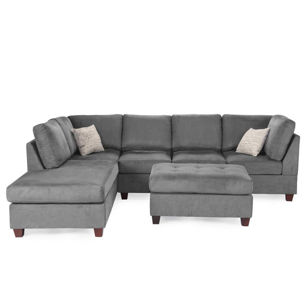 Gray Microfiber 3-Piece Sectional Sofa Set with Ottoman