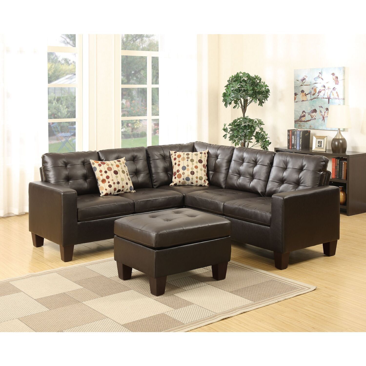 Espresso Faux Leather Tufted 4-Piece Sectional with Ottoman