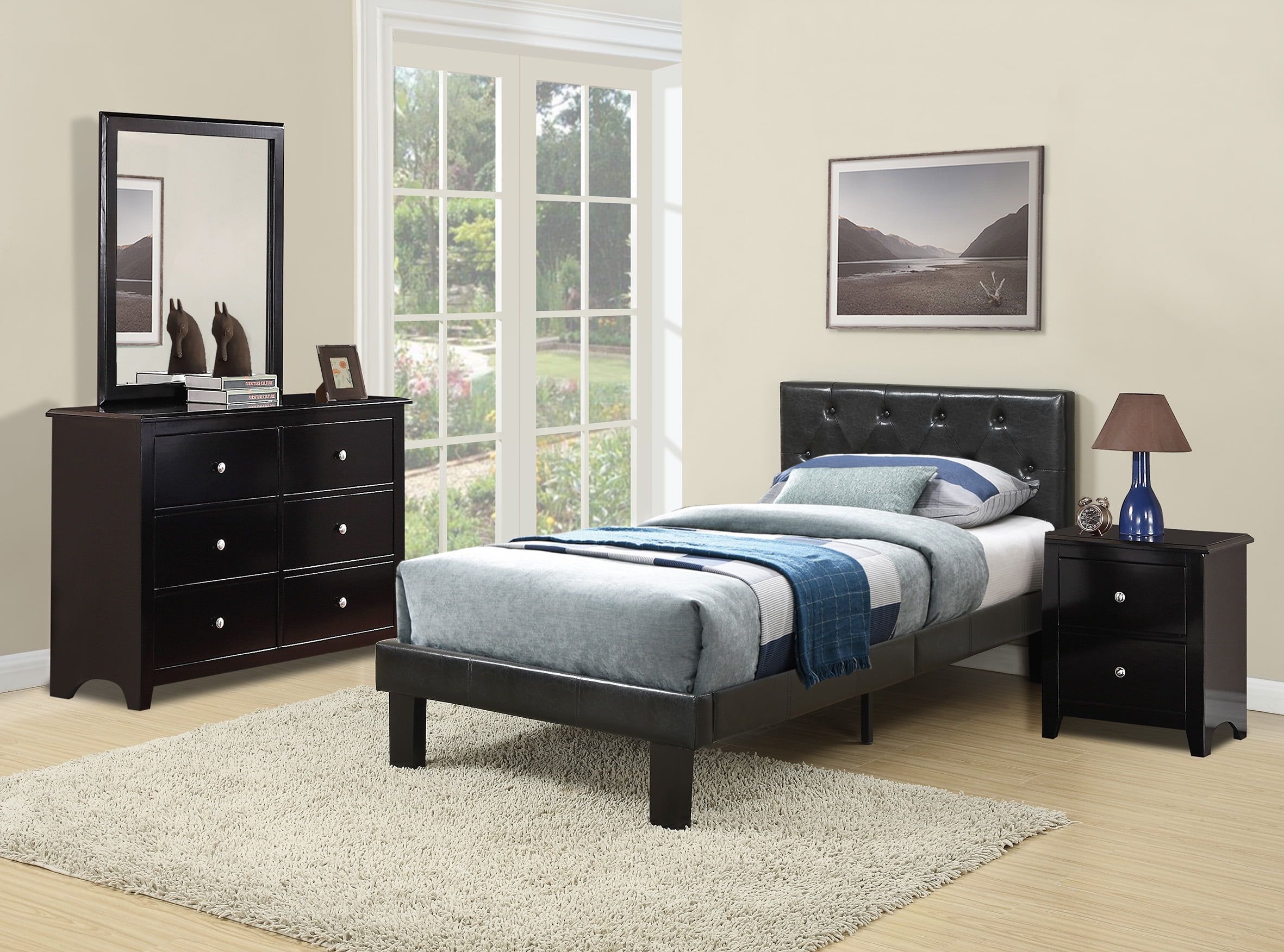 Sleek Twin Black Faux Leather Upholstered Bed with Tufted Headboard