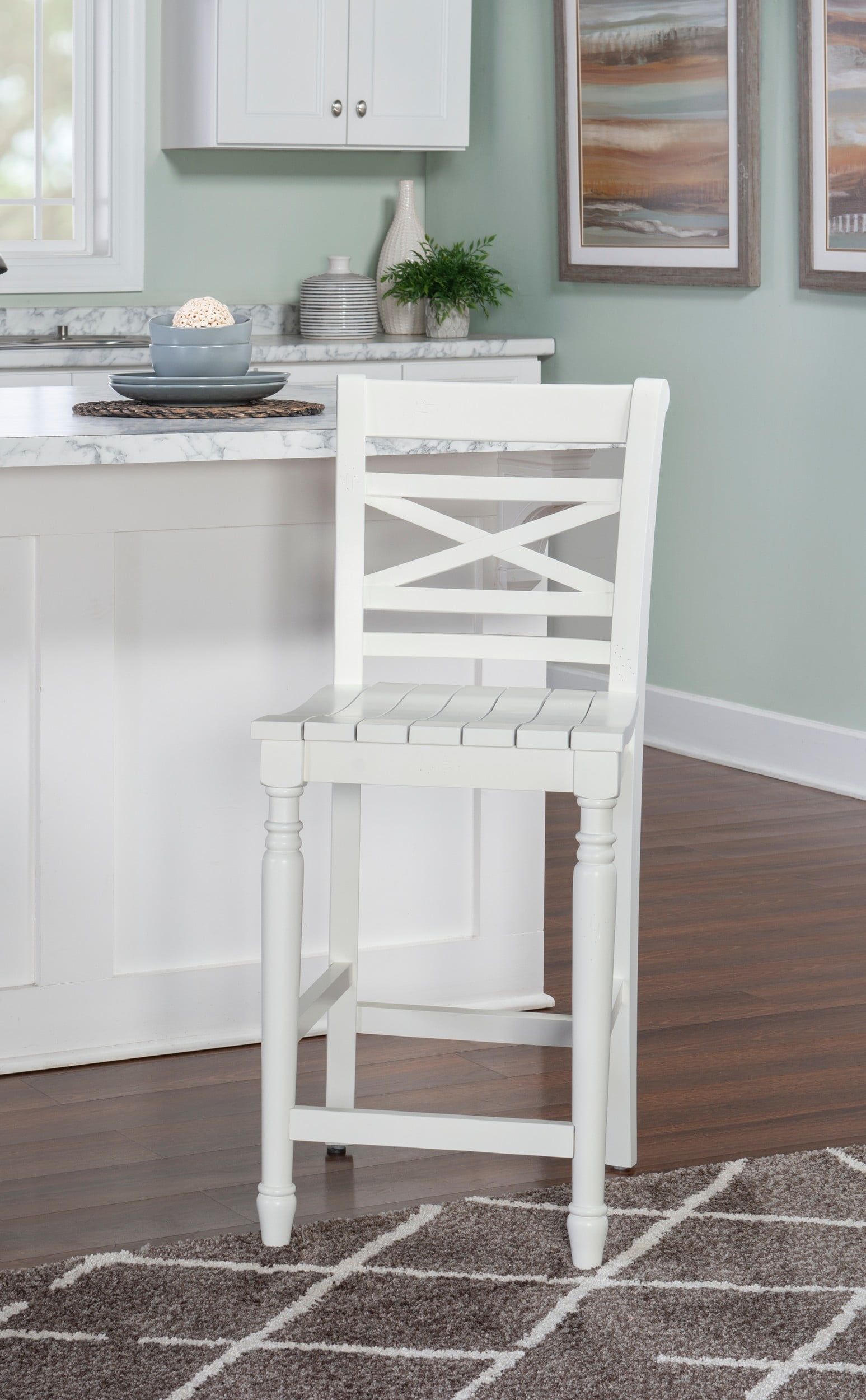 Asher Classic White Planked Seat 24" Counter Stool with X-Back Design