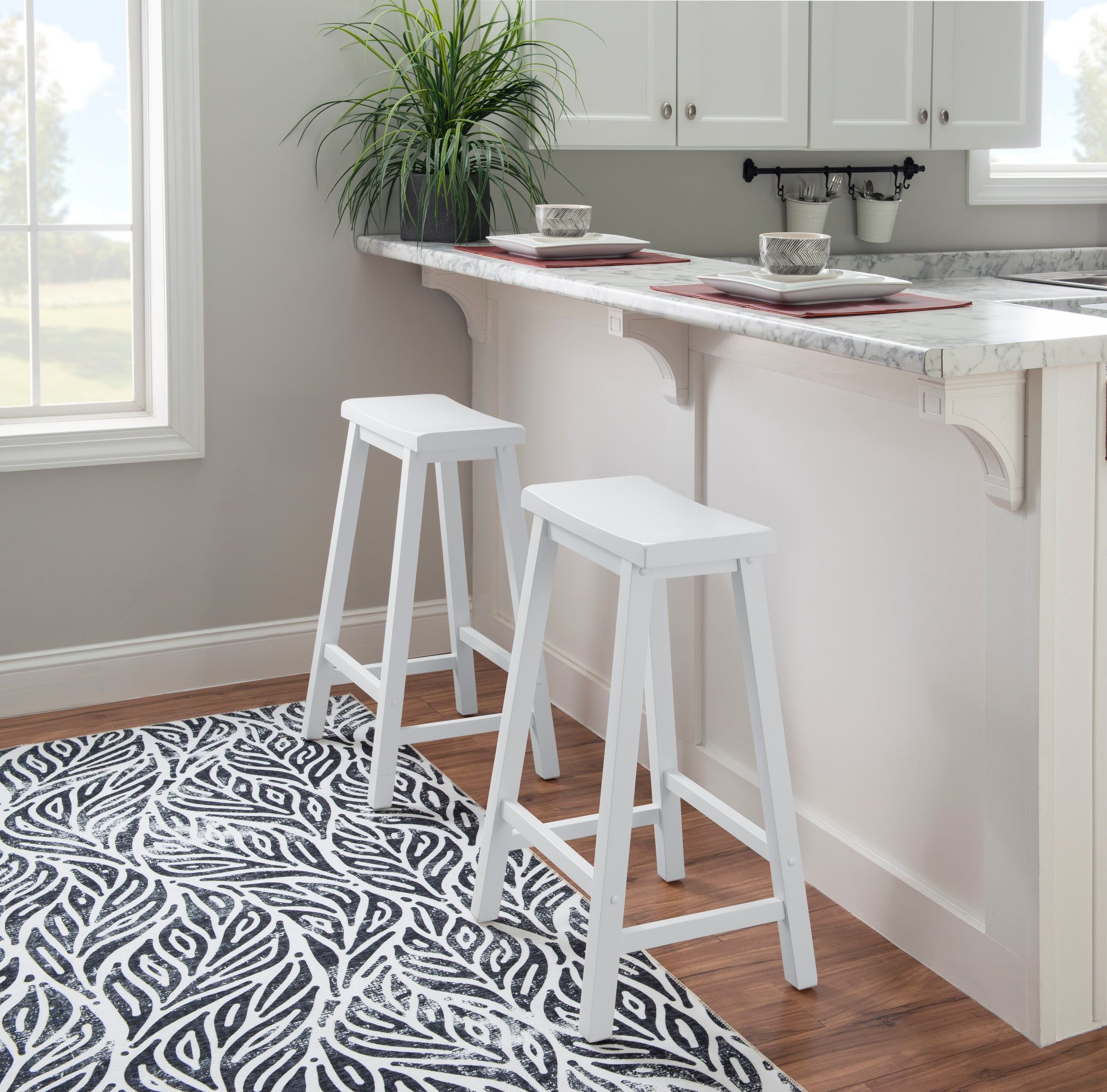 White Transitional Backless Saddle Wood Bar Stool