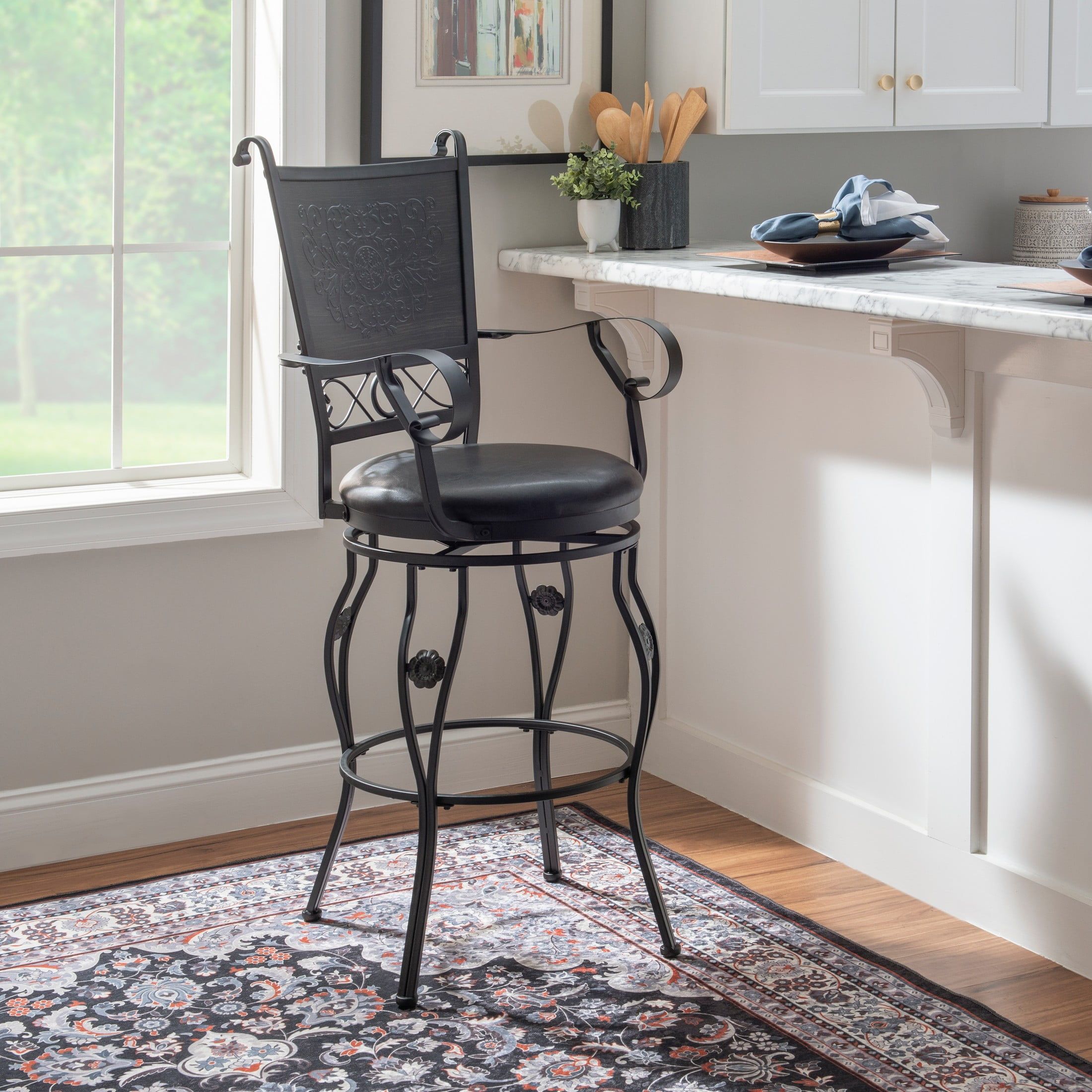 Elegant 30" Swivel Metal Bar Stool with Black Faux Leather Seat