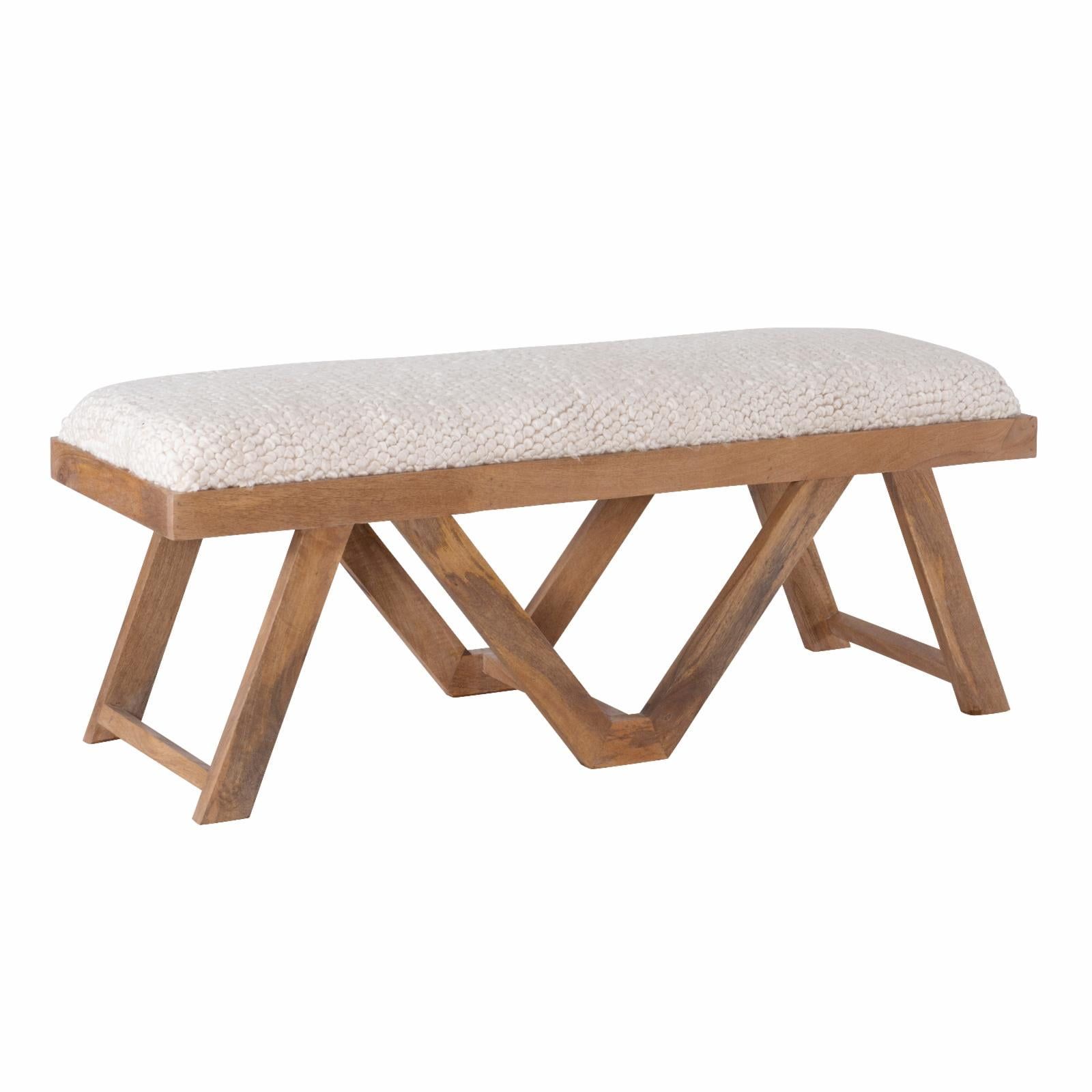 Off-White Shaggy Cushion Brown Mango Wood Bench