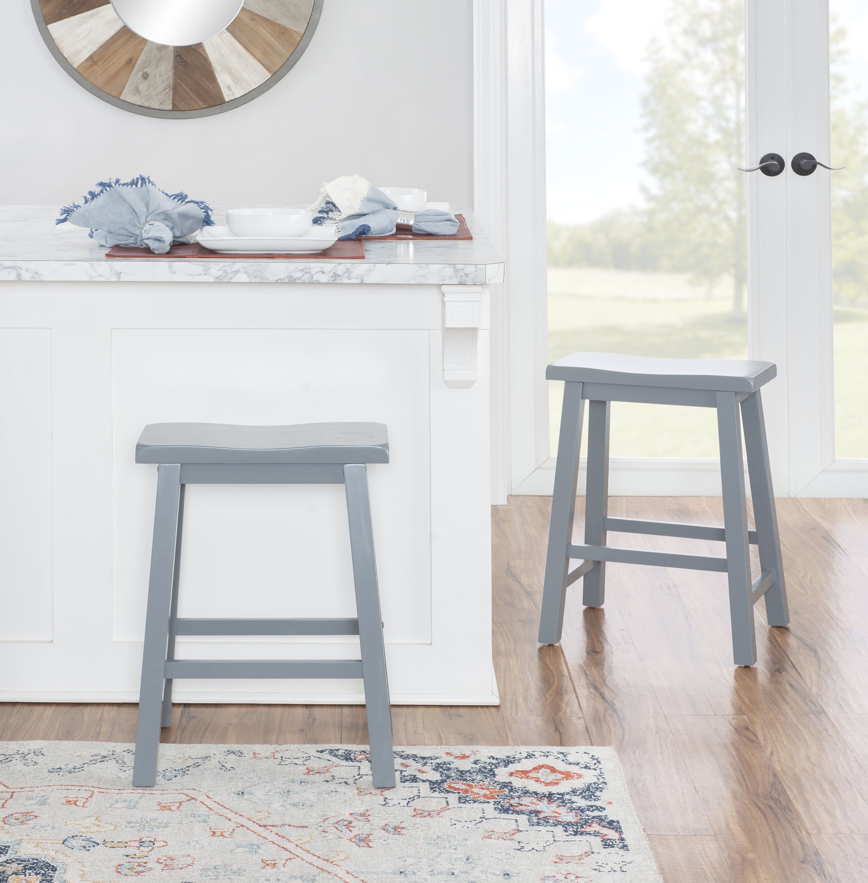 Logan Traditional Rubberwood Saddle Seat Counter Stool in Gray