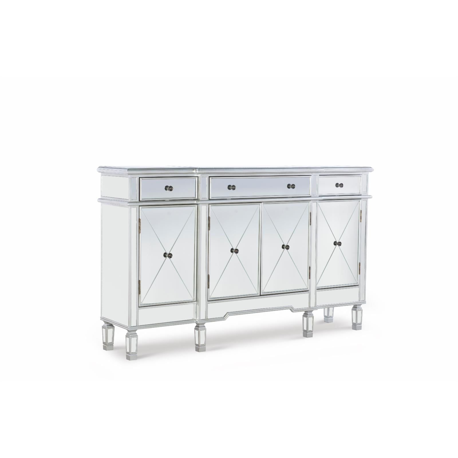 Silver Mirrored Glass TV Stand with Storage Drawers and Doors