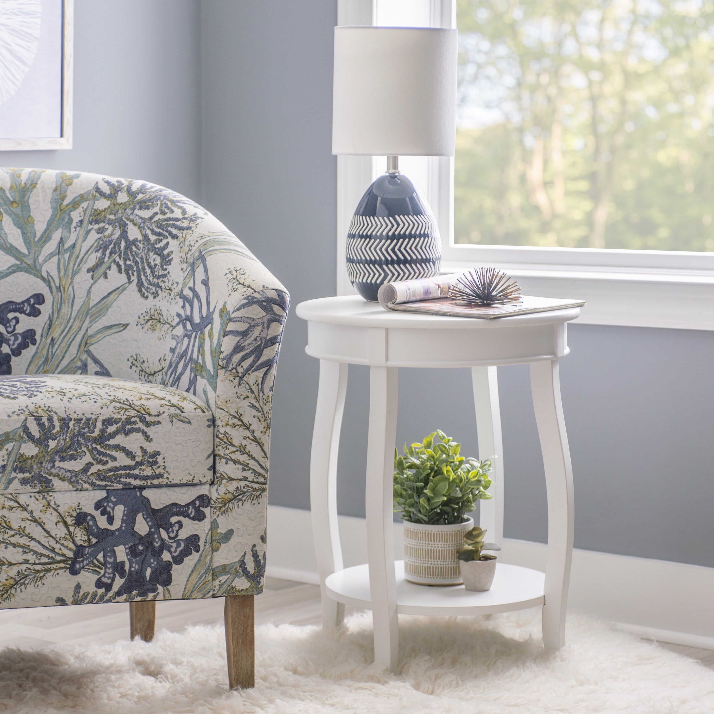 White Round Wood Accent Side Table with Shelf, 24" Tall