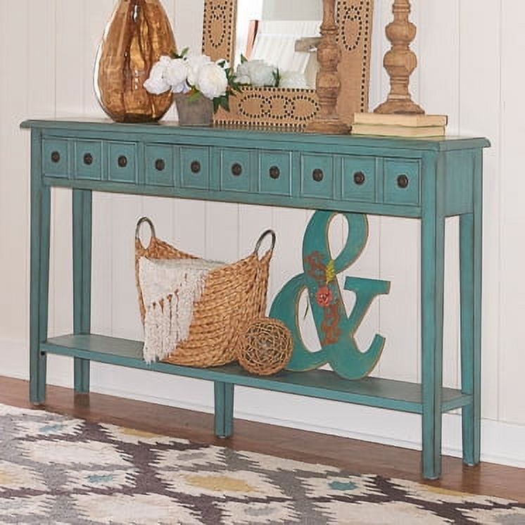 Teal Wood Console Table with Storage Drawers and Shelf