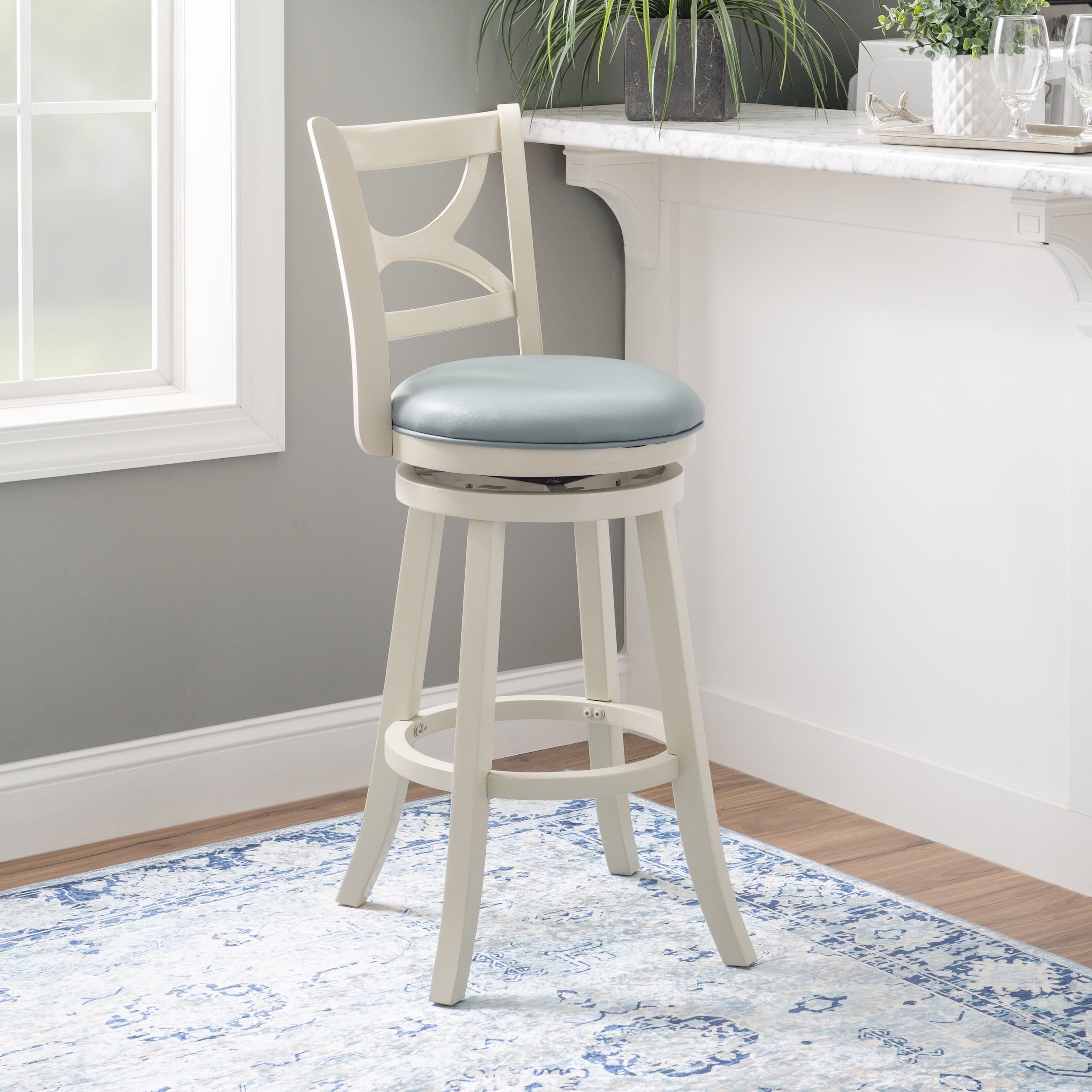 Sawyer Contemporary Rubberwood Swivel Barstool in Sky Blue Leather