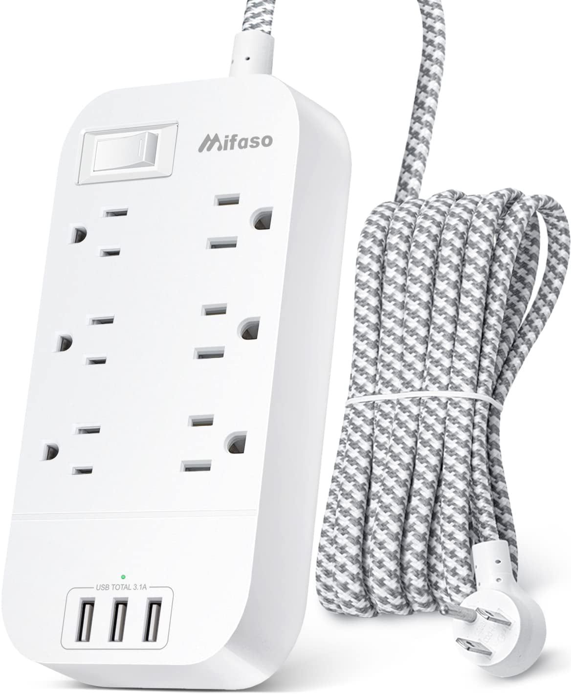 White 10 ft Power Strip with 6 Outlets and 3 USB Ports