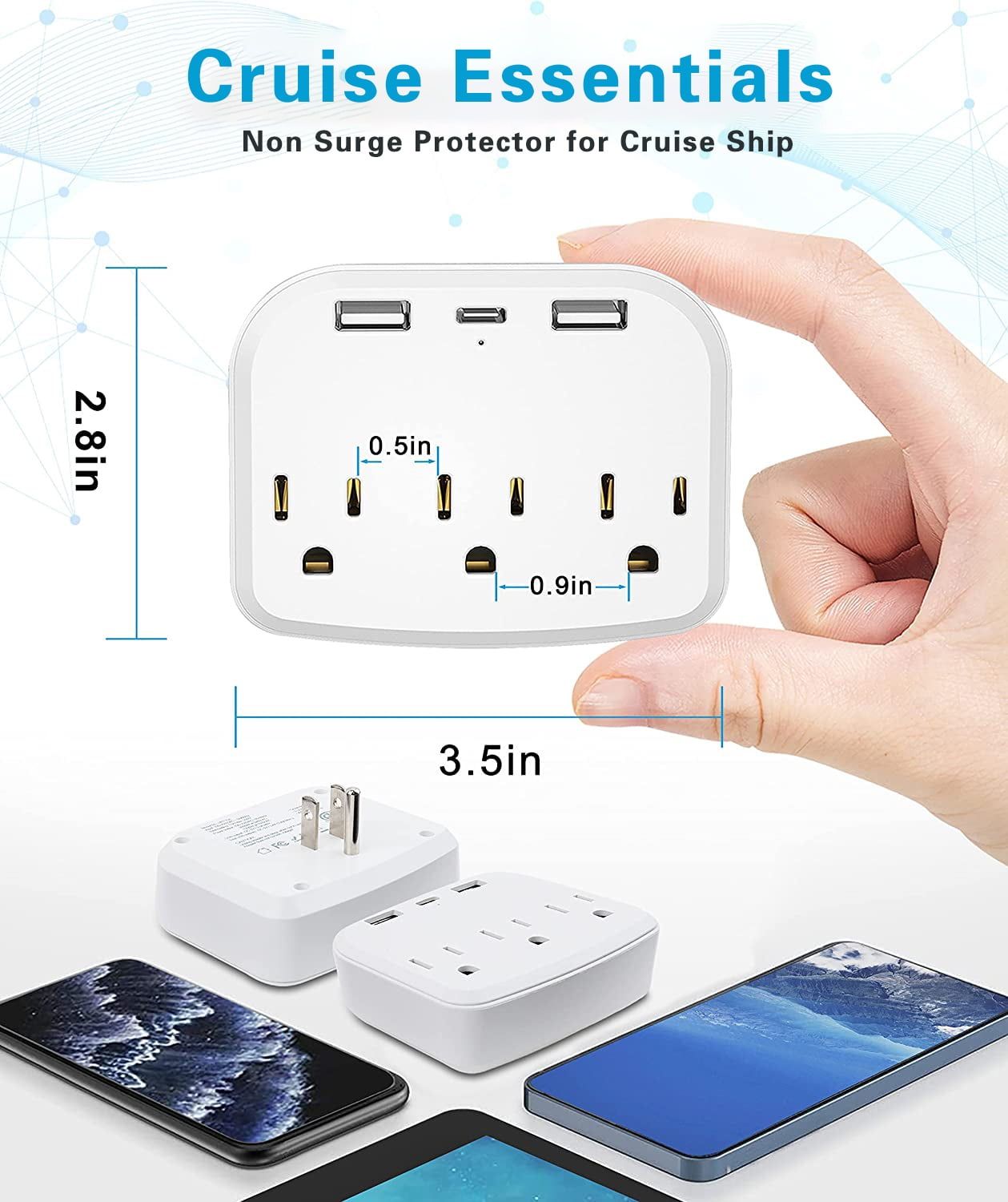 Compact White Power Strip with USB-C and 3 Outlets