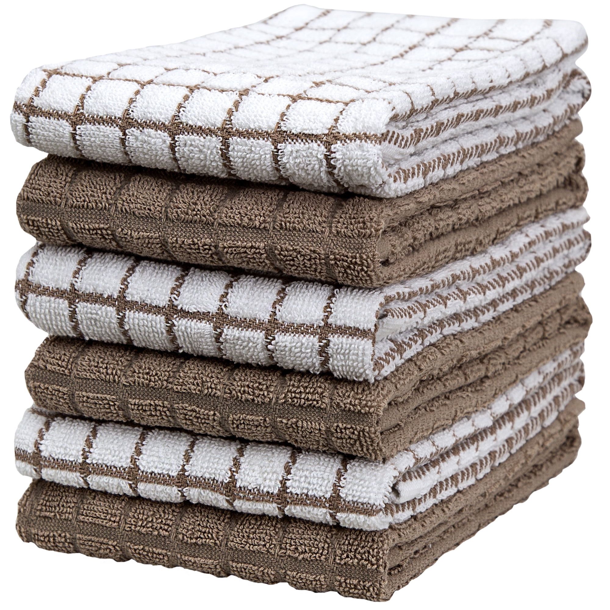 Tan and White Cotton Checkered Kitchen Towel Set, 16" x 28", 6 Pack