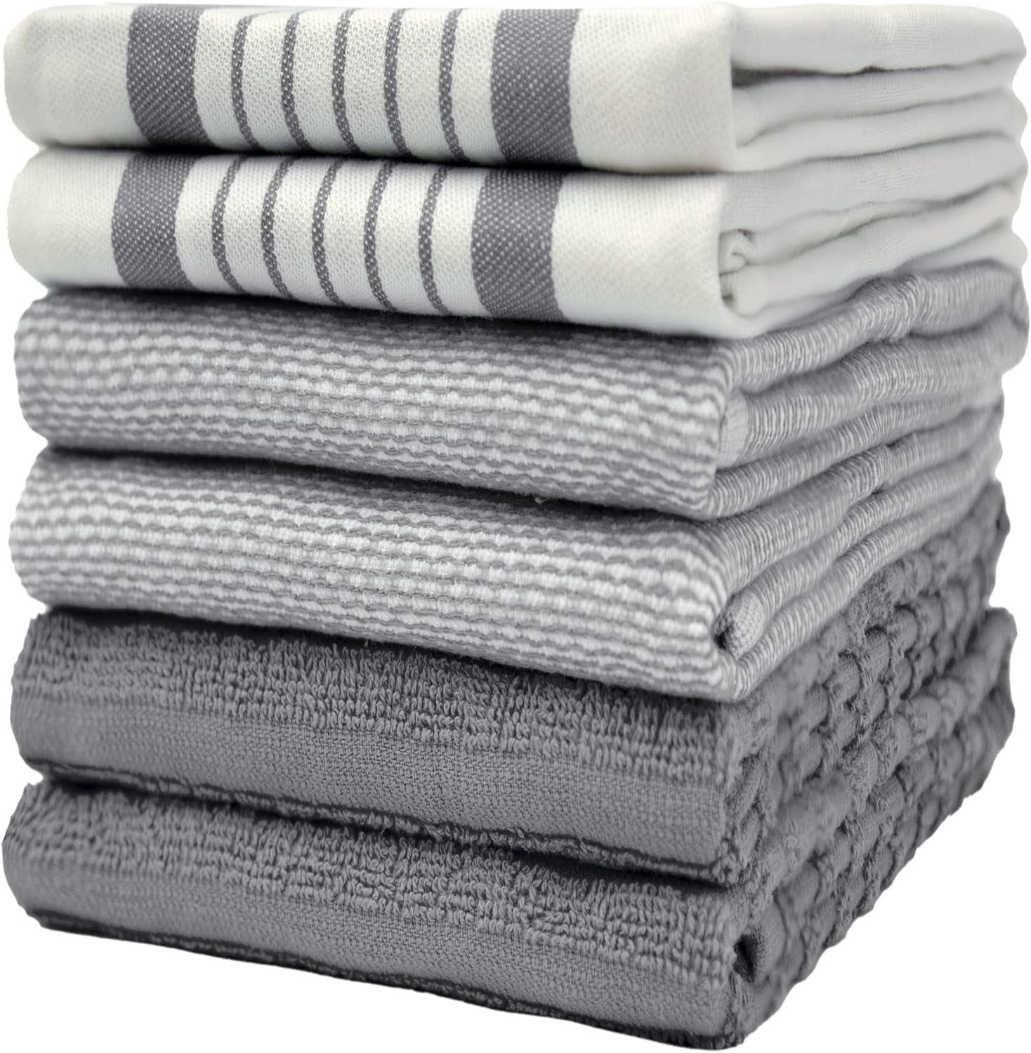 Gray Striped Cotton Terry Kitchen Towel Set, 20x28 Inches, 6 Pack