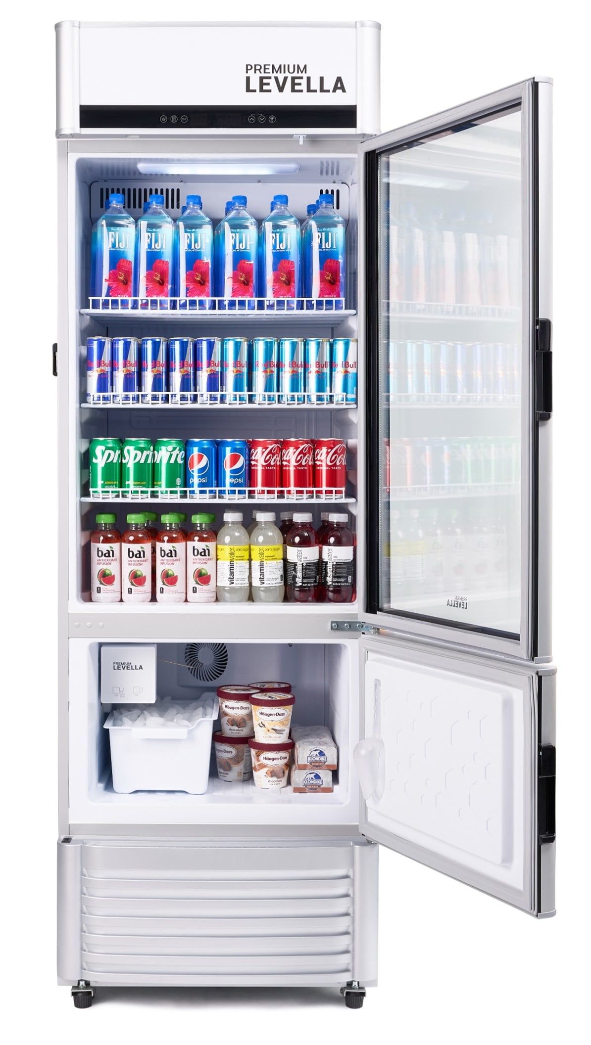 Silver Single Glass Door Beverage Refrigerator with Ice Maker