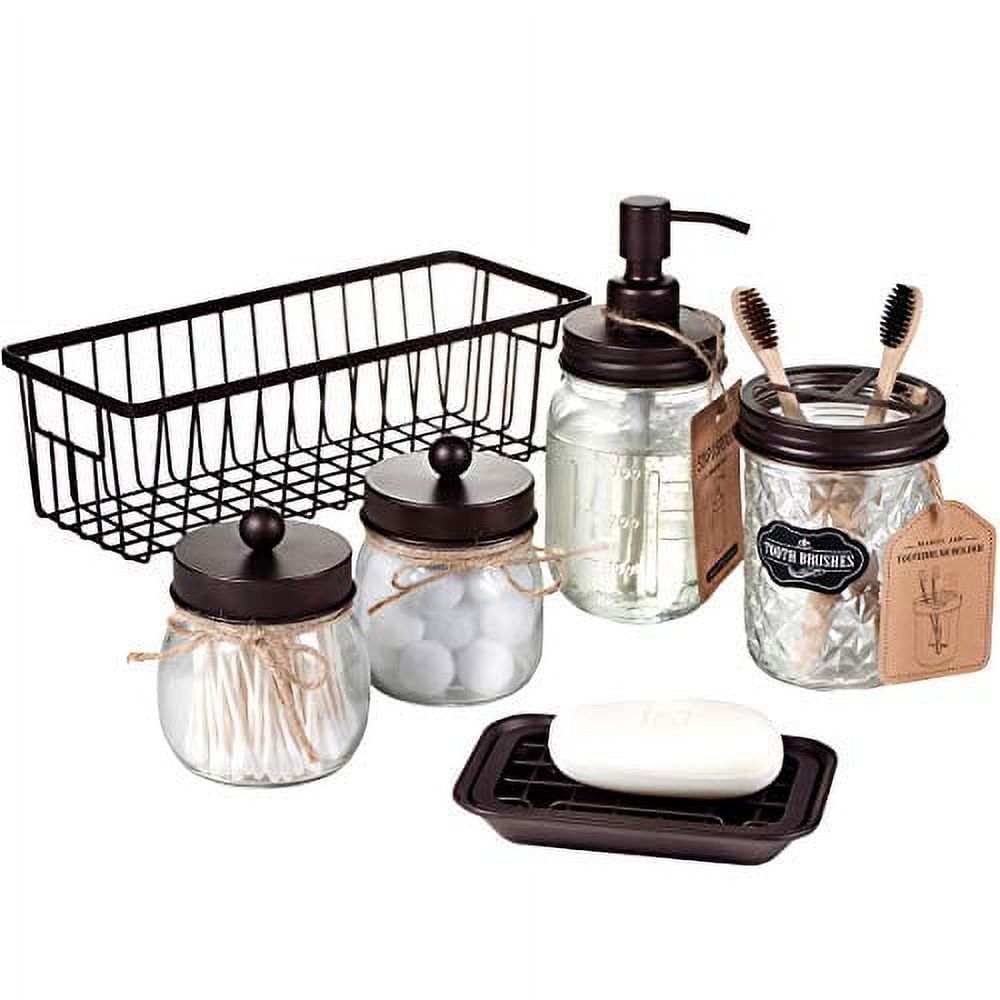 Bronze Mason Jar Bathroom Accessories Set with Metal Basket