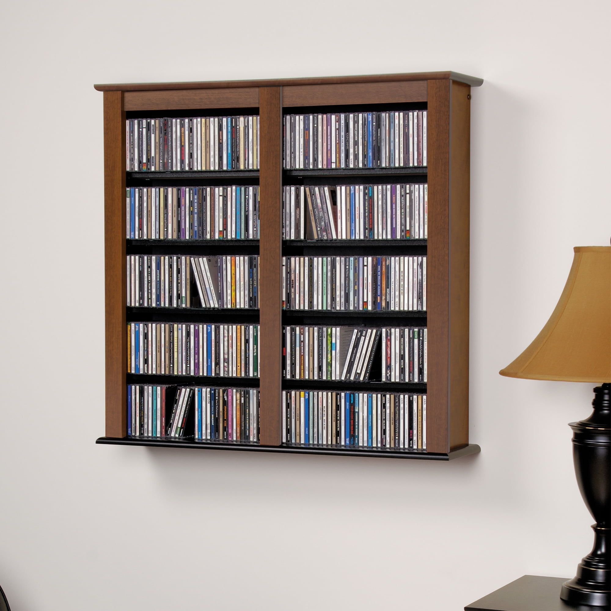 Cherry and Black Double Wall Mounted Media Storage Cabinet