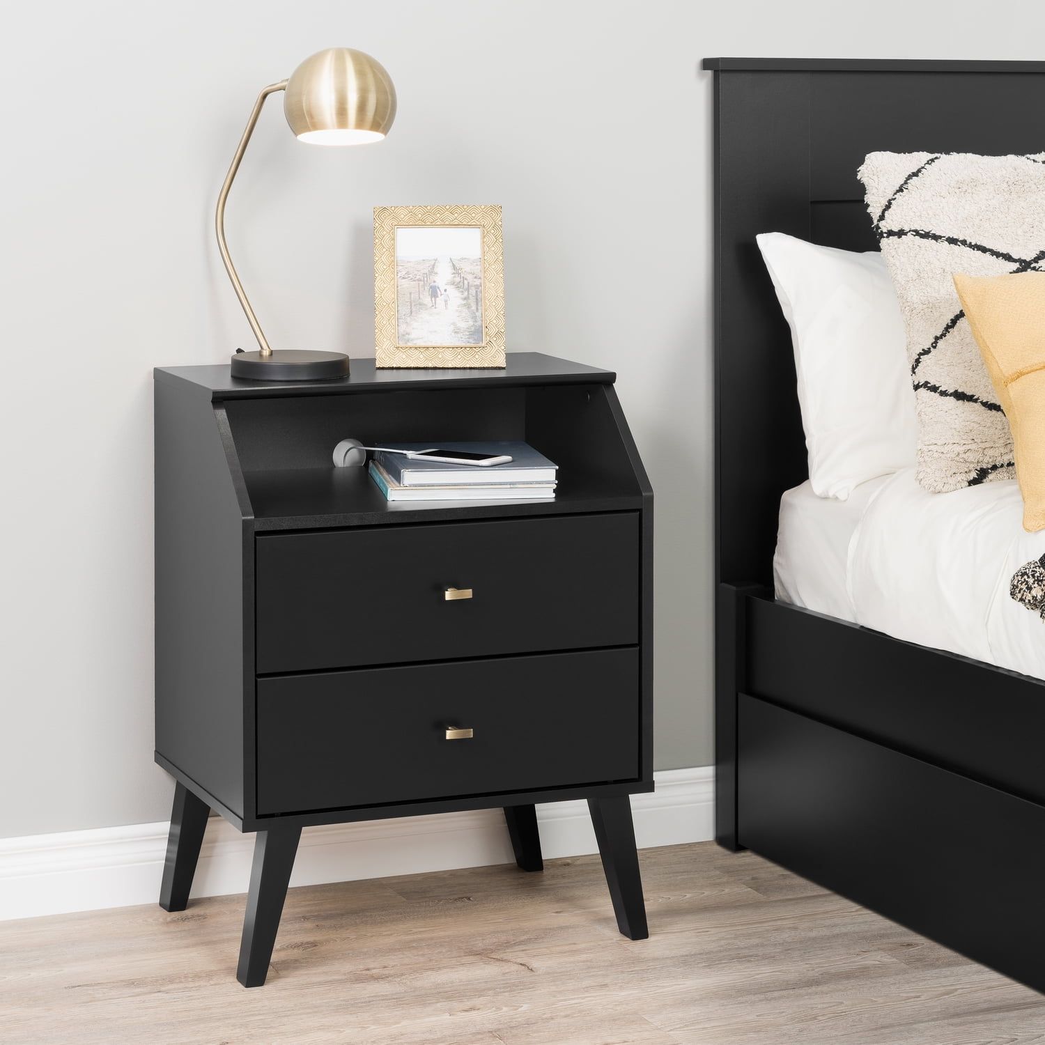 Milo Mid-Century Modern Black 2-Drawer Nightstand with Brass Knobs