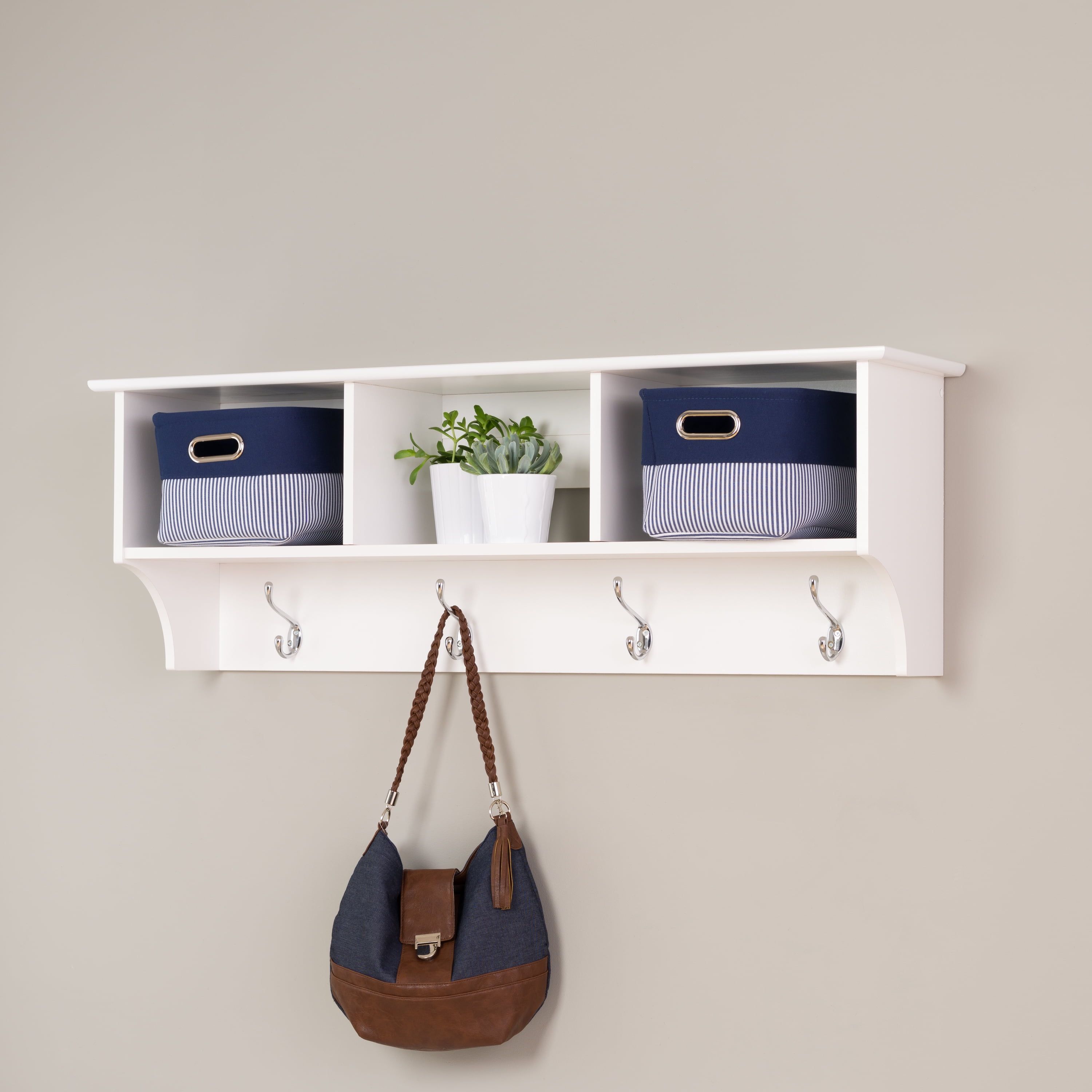 White MDF Wall-Mounted Entryway Cubbie Shelf with Coat Hooks