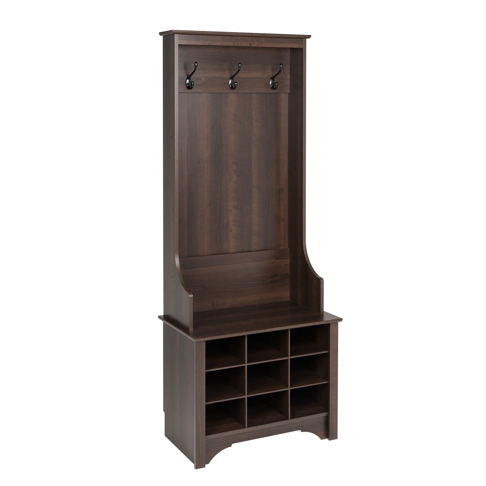 Espresso Dark Wood Hall Tree with Storage Bench and Hooks