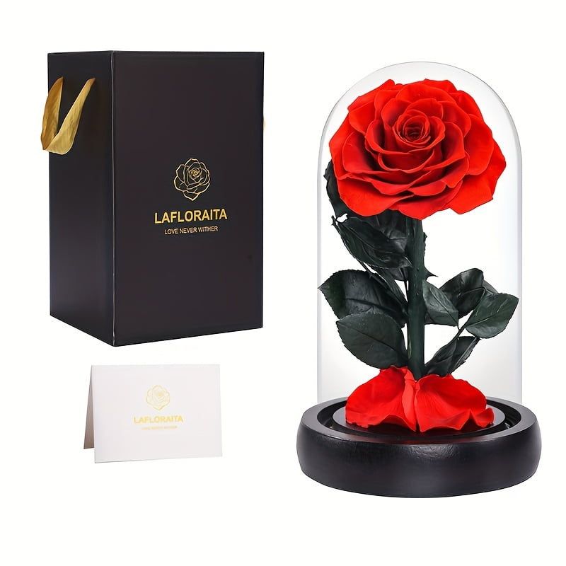 Red Preserved Rose in Glass Dome with Wooden Base