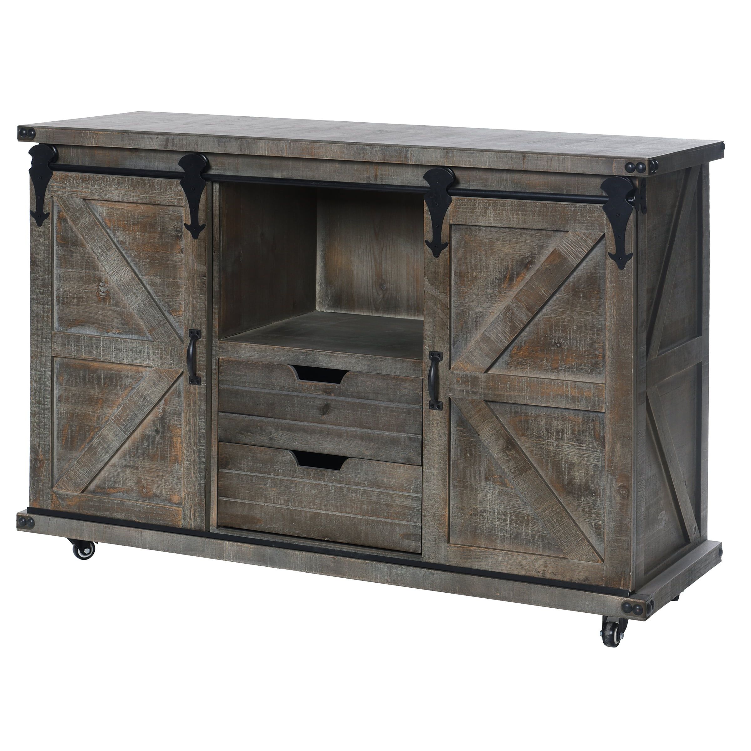 Presley Driftwood Grey Rustic Cabinet with Open Shelf and Drawers