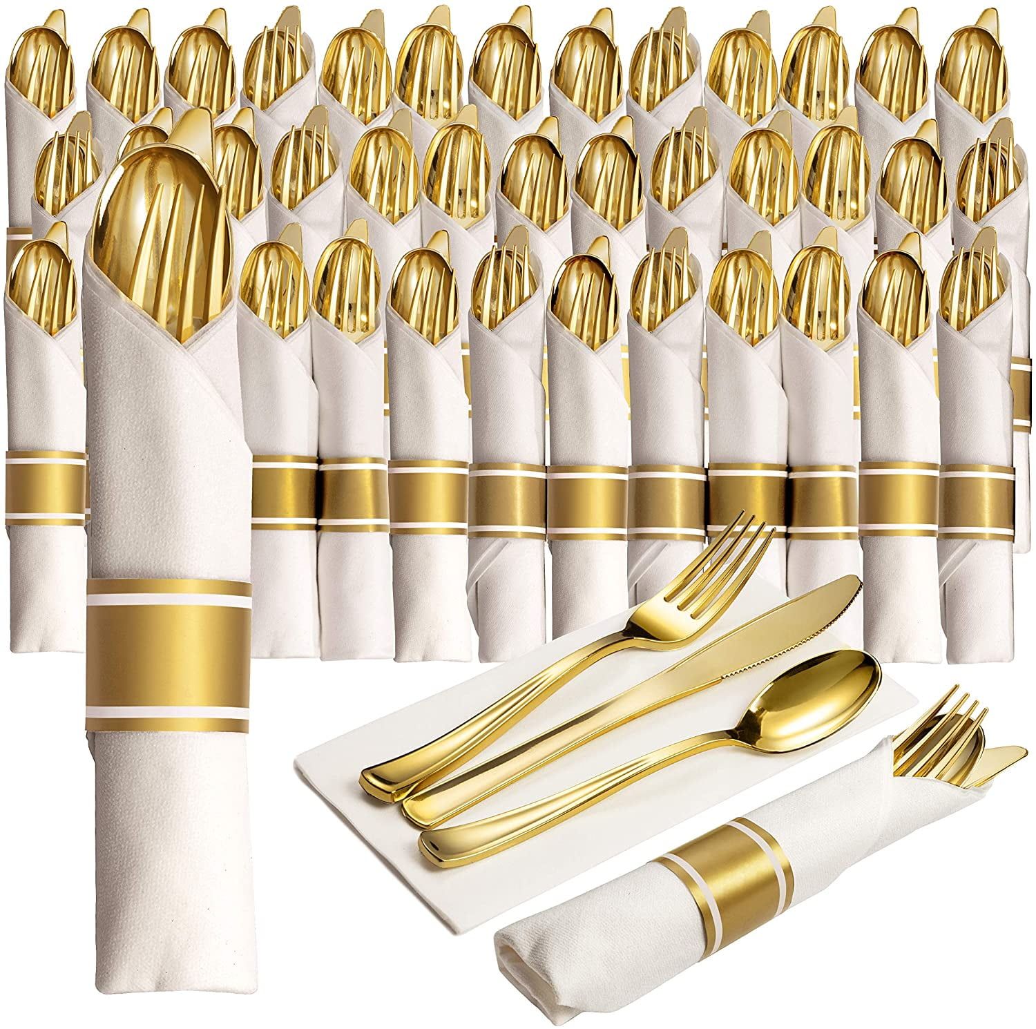 Elegant Gold Plastic Silverware Set with White Napkins, 200 Pieces