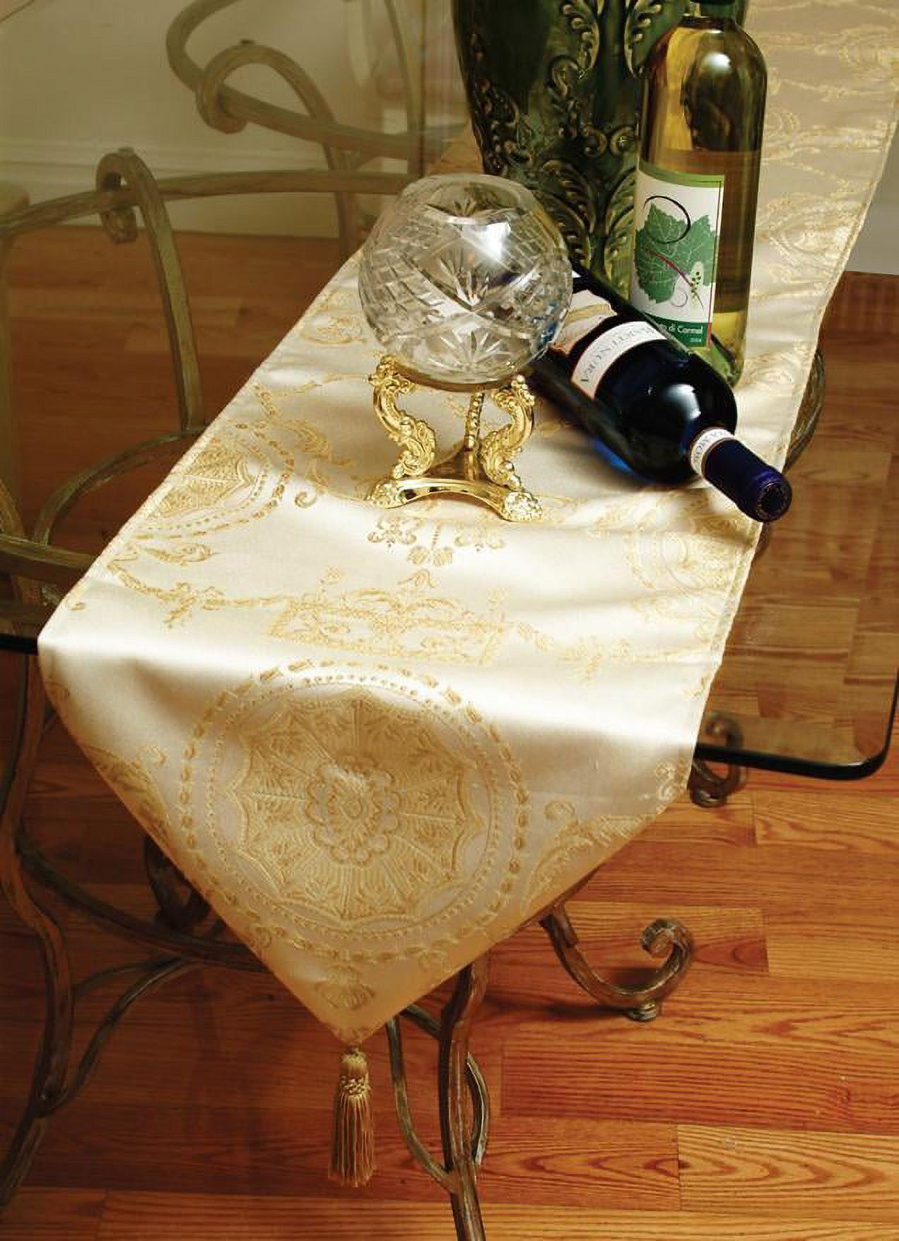 Beige Damask Polyester Table Runner with Gold Tassels