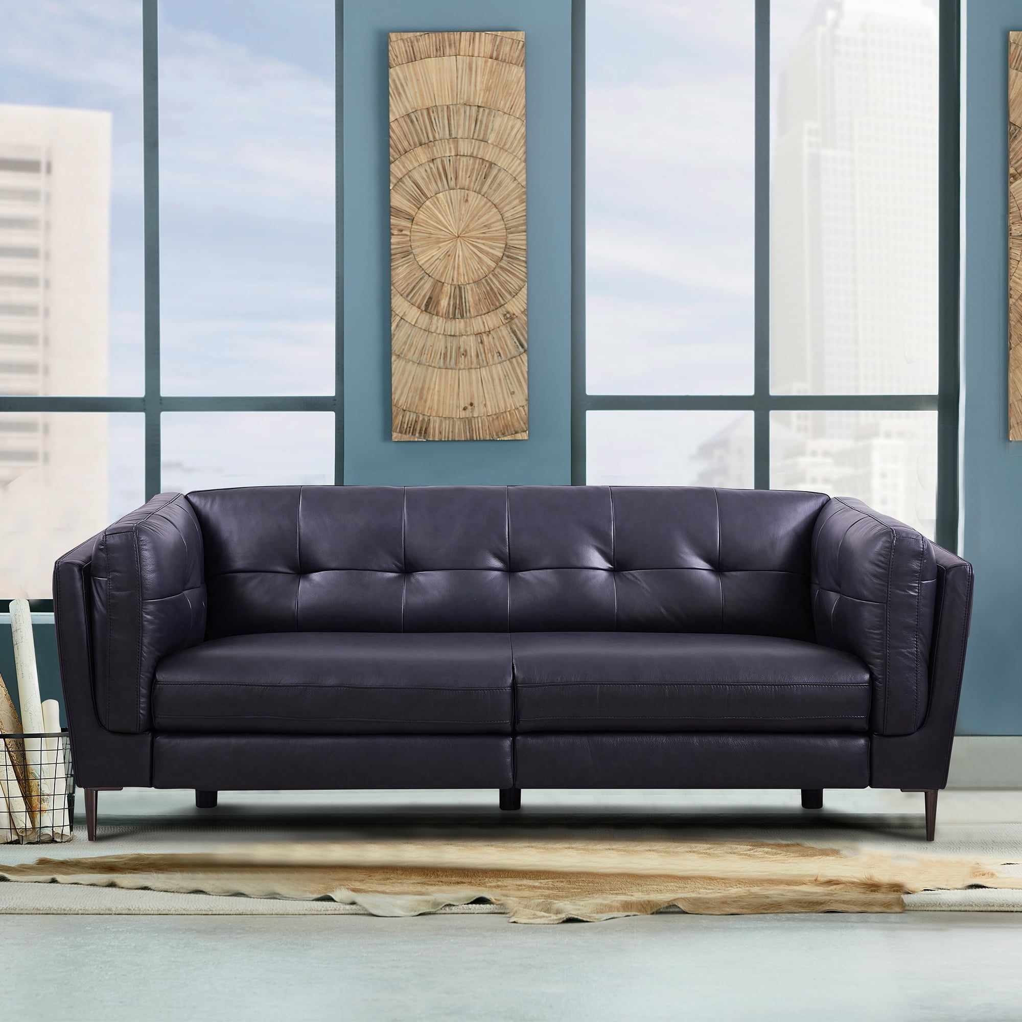 Navy Tufted Leather Power Reclining Sofa with Wood Frame