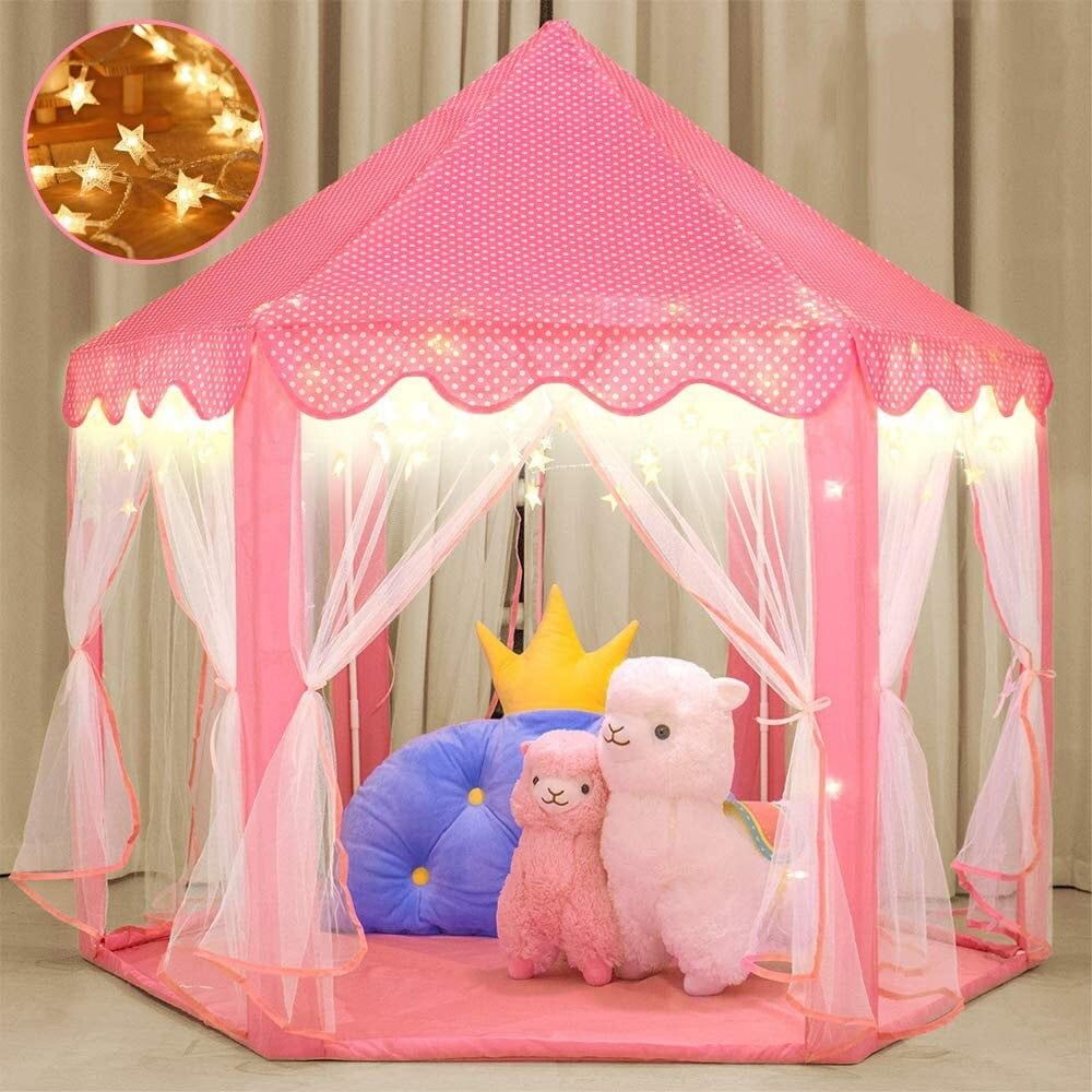 Pink Princess Castle Play Tent with LED Star Lights