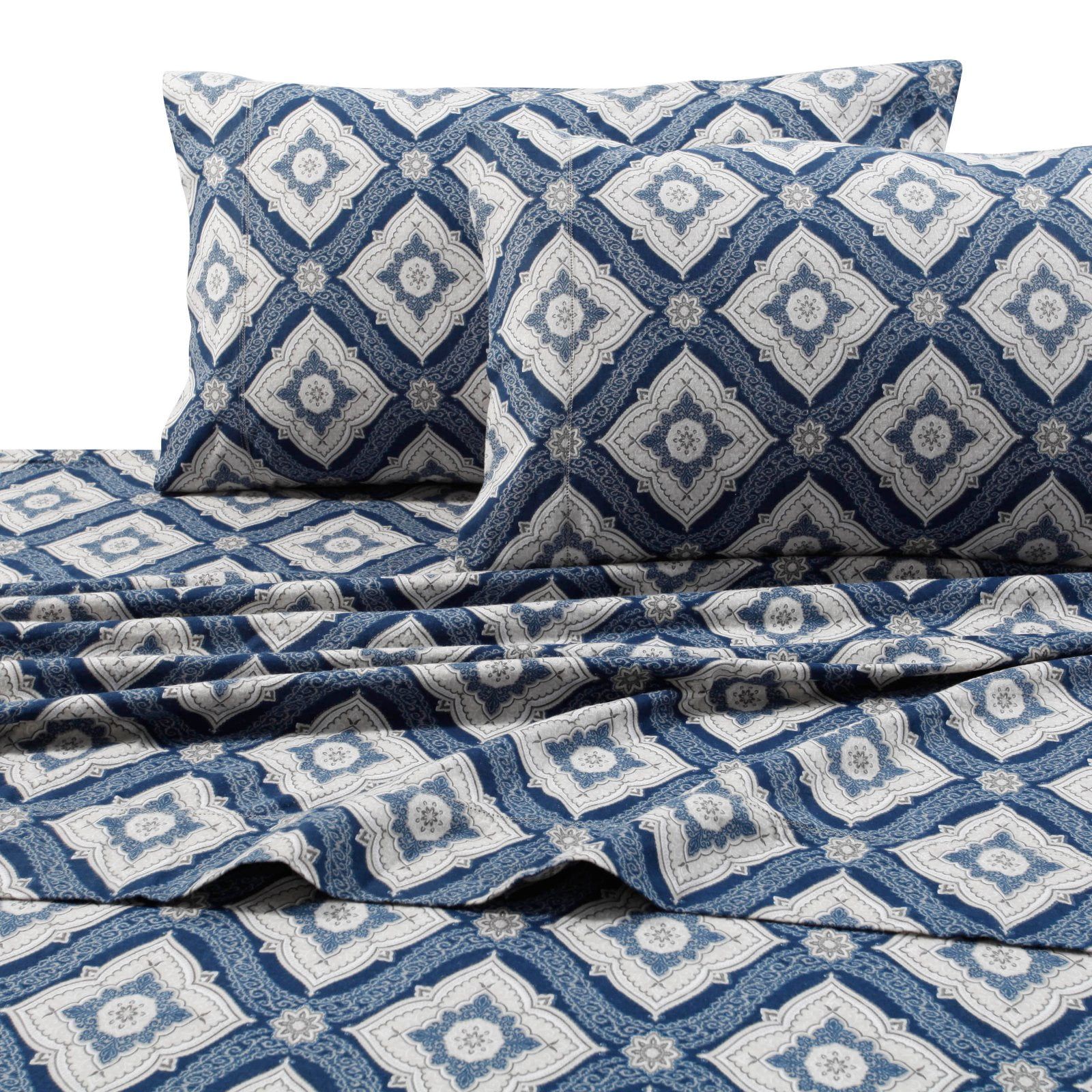 Full Gray and Blue Cotton Flannel Damask Sheet Set