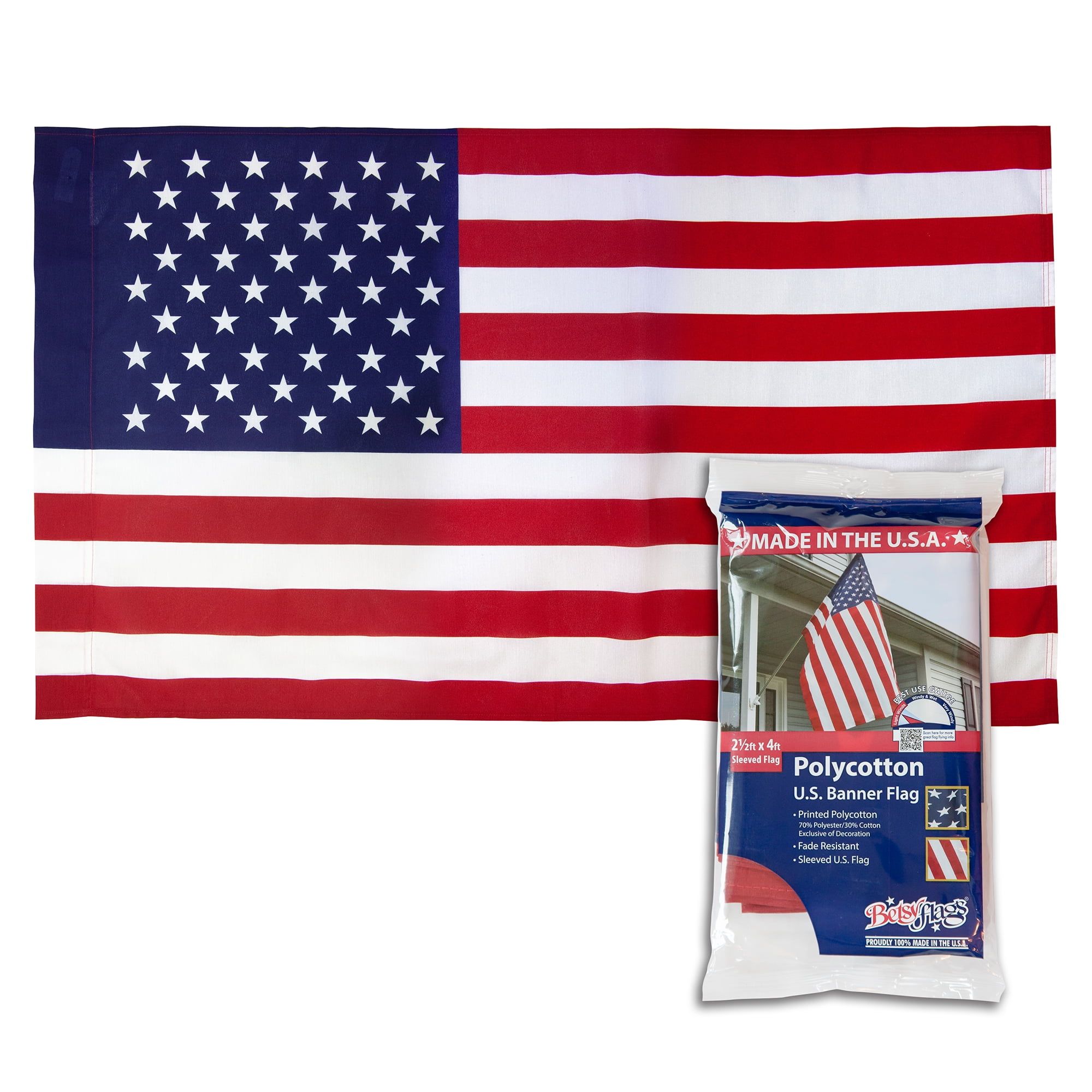 Printed Polycotton American Flag Sleeved Banner, 2.5' x 4'