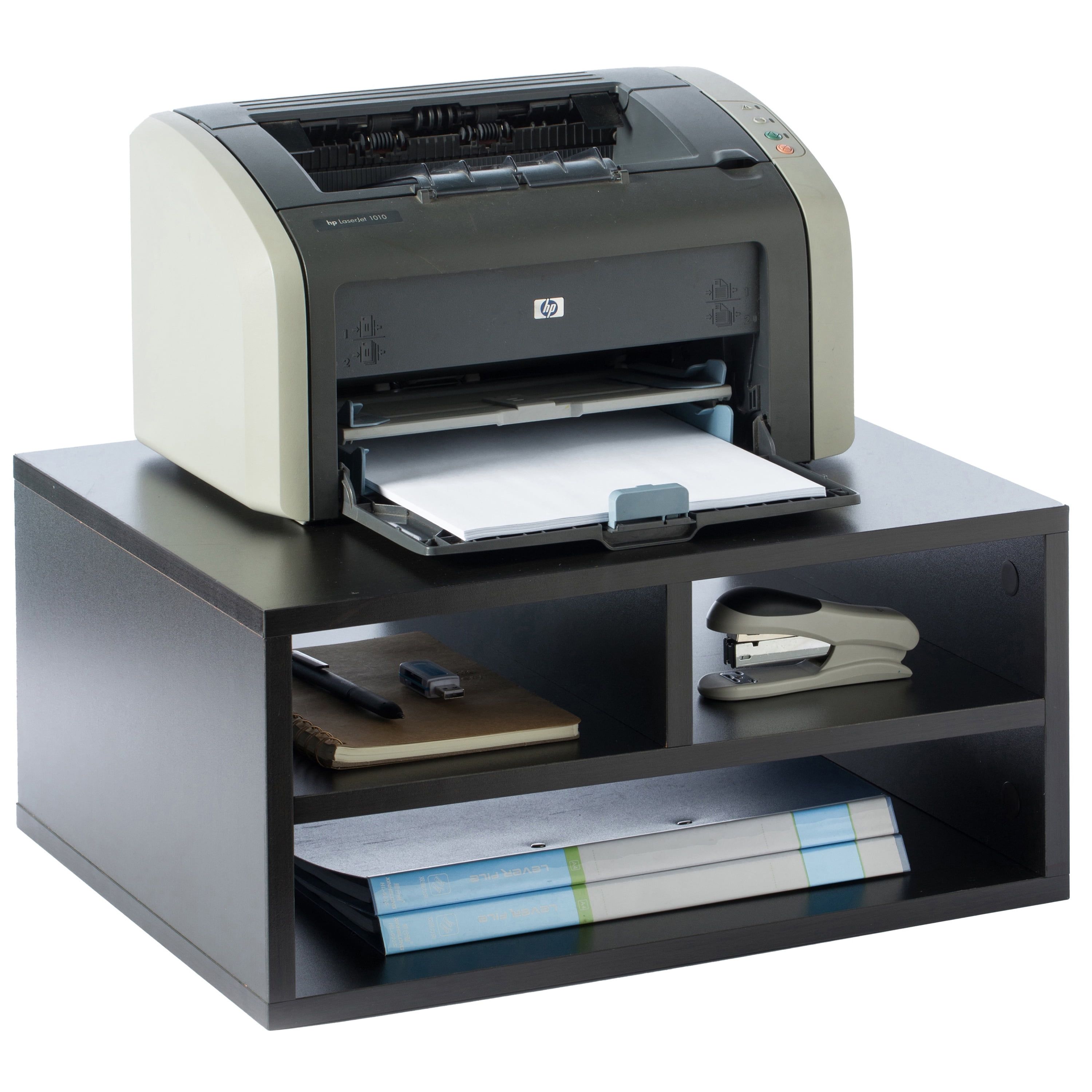 Black Wood Office Desktop Printer Stand with Storage Shelves