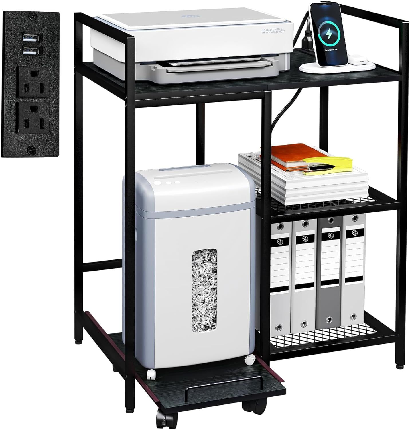 Black 3-Tier Mobile Printer Stand with Charging Station and USB Ports