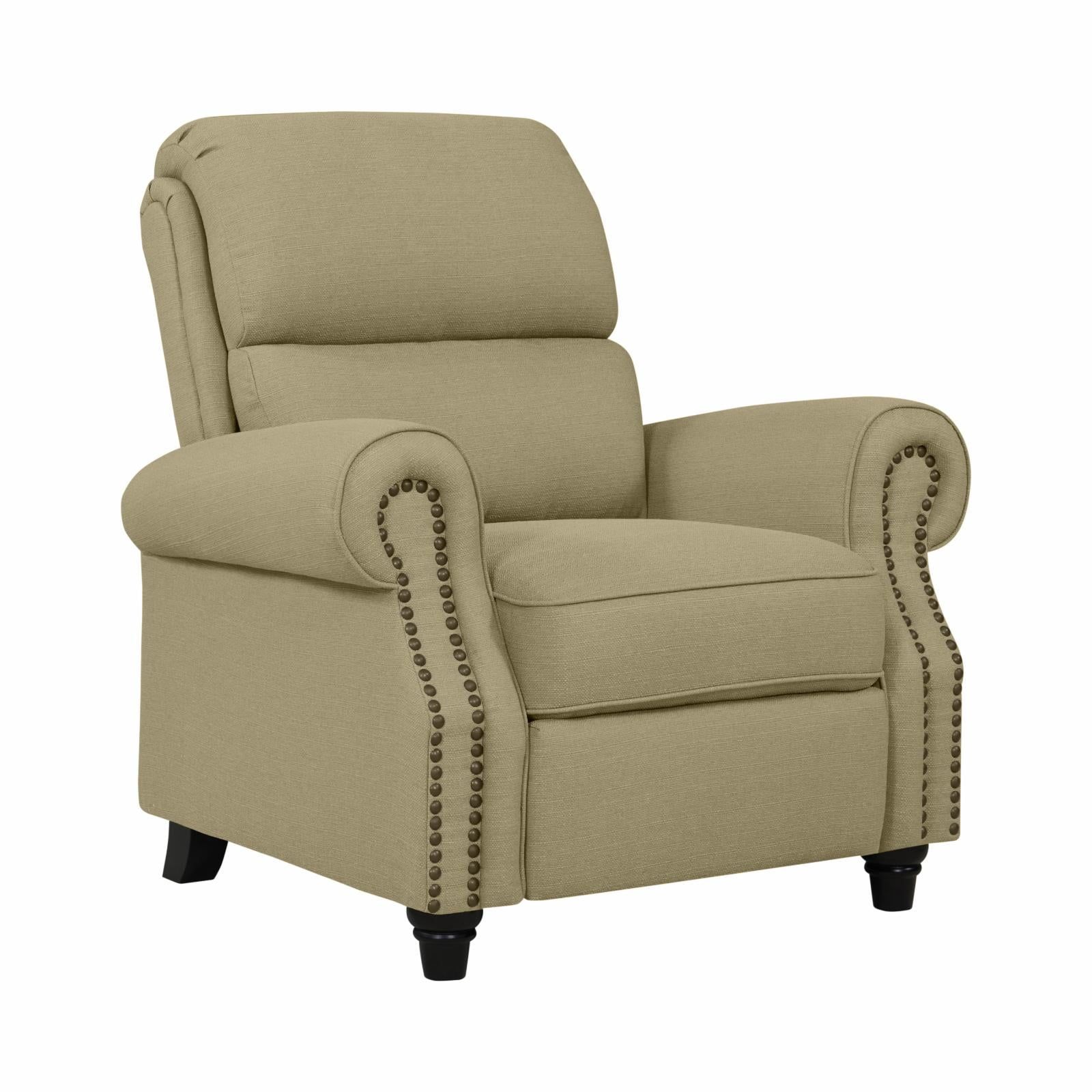 Barley Tan Linen Pushback Recliner with Wood Legs