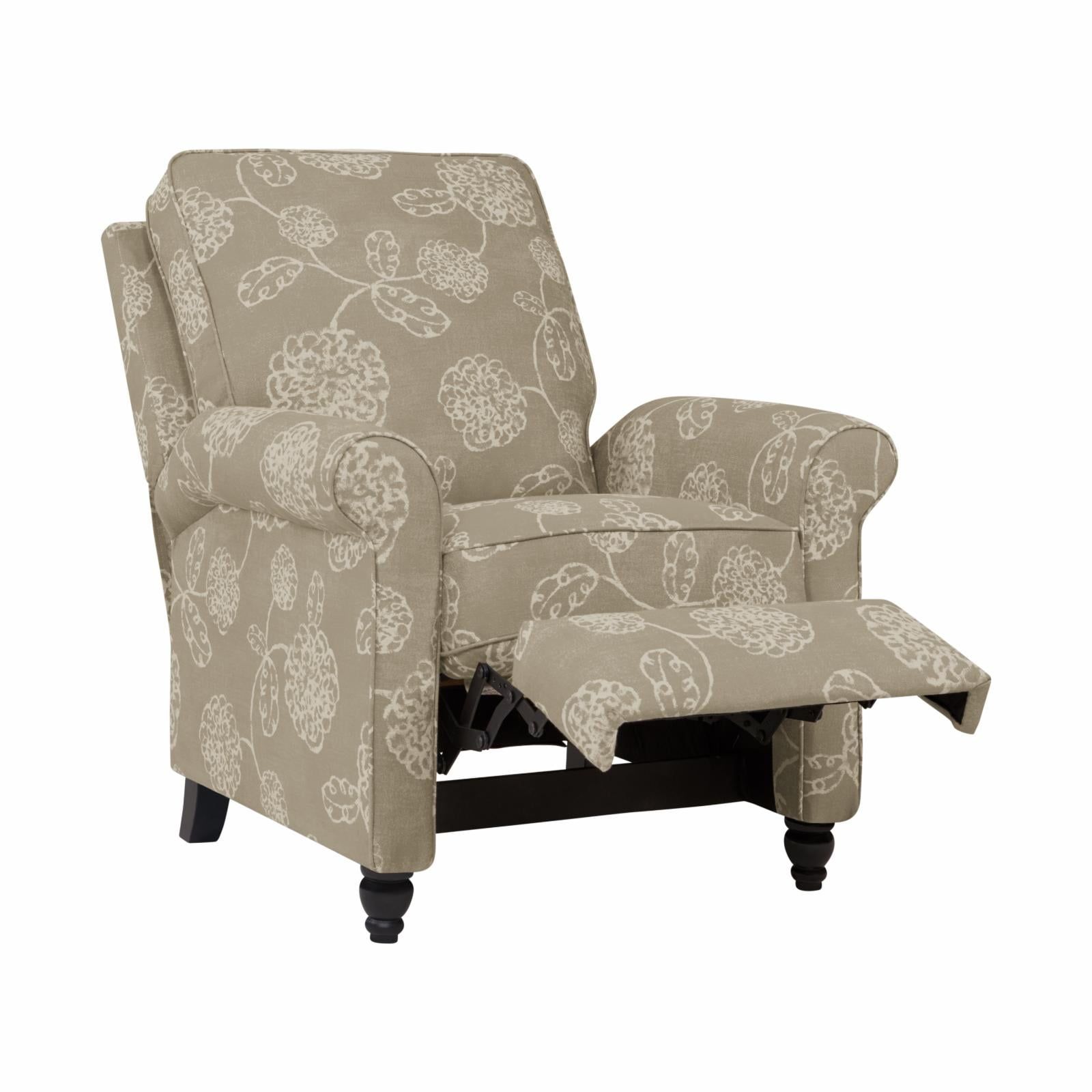 Taupe Floral Print Upholstered Recliner with Rolled Arms