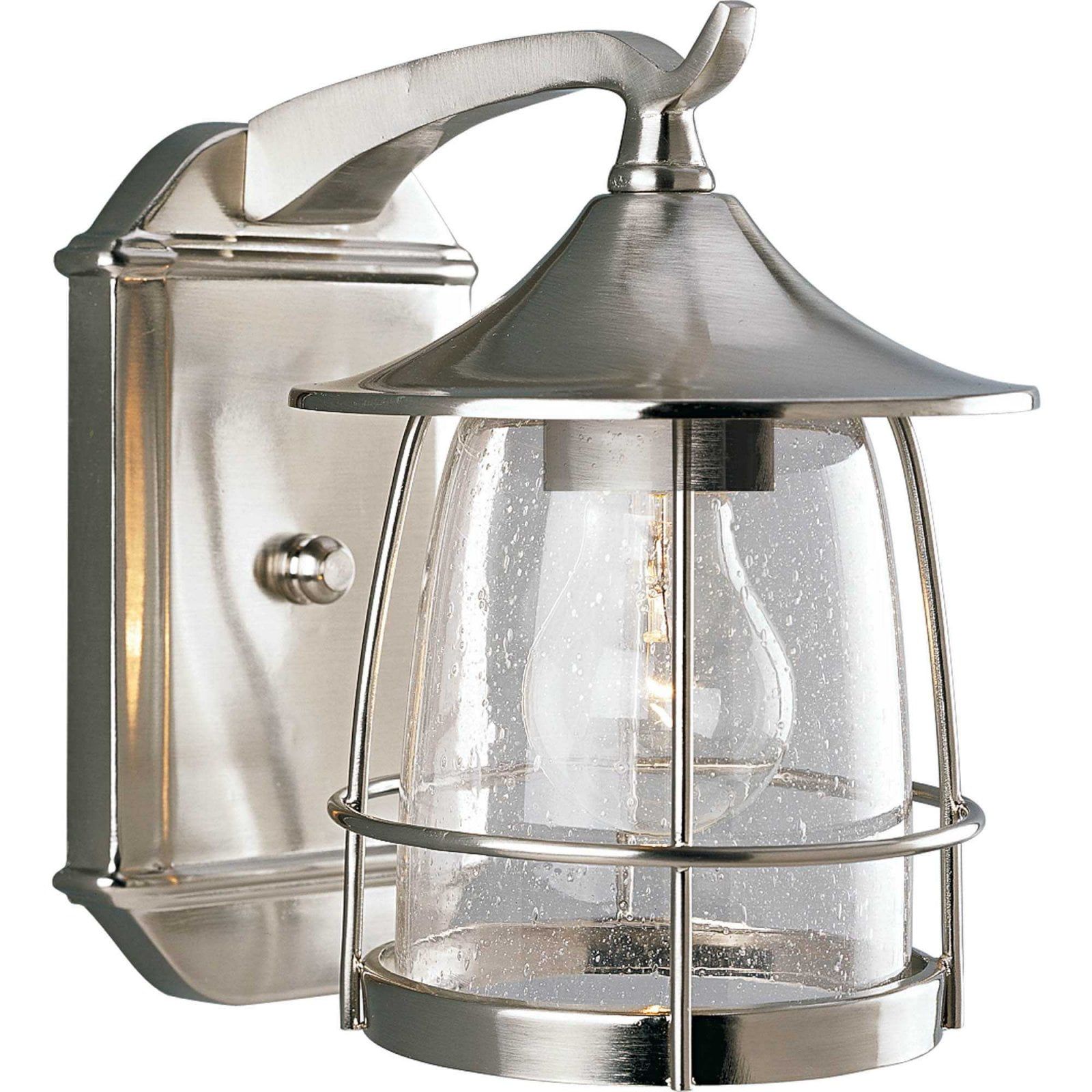 Brushed Nickel Outdoor Wall Lantern with Clear Seeded Glass