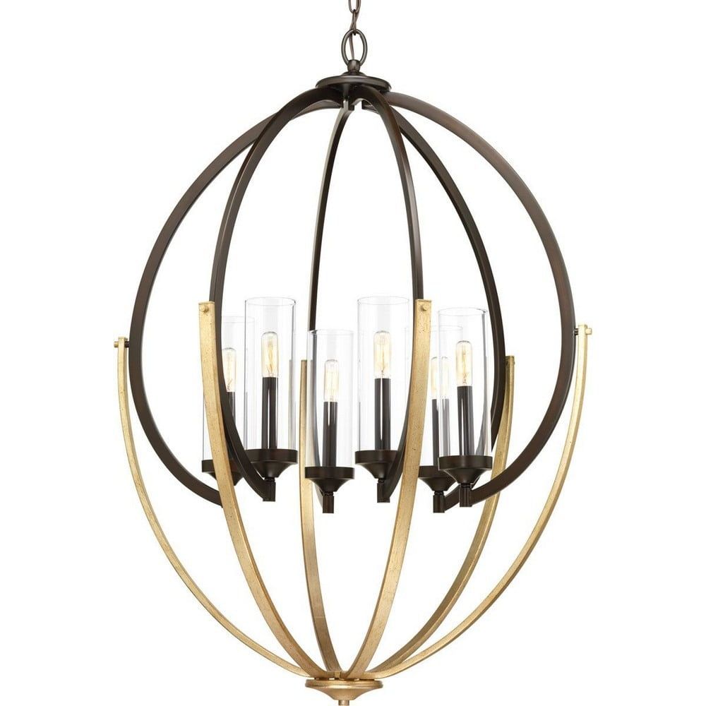 Antique Bronze Elliptical Cage 6-Light Chandelier with Glass Shades