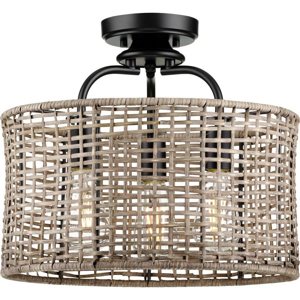 Matte Black and Rattan 3-Light Semi-Flush Mount Ceiling Light