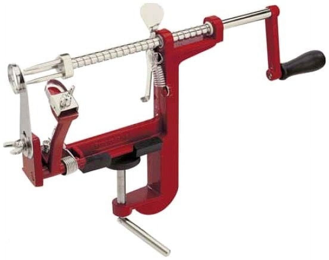 Red Cast Iron Apple Peeler Corer Slicer with Hardwood Handle