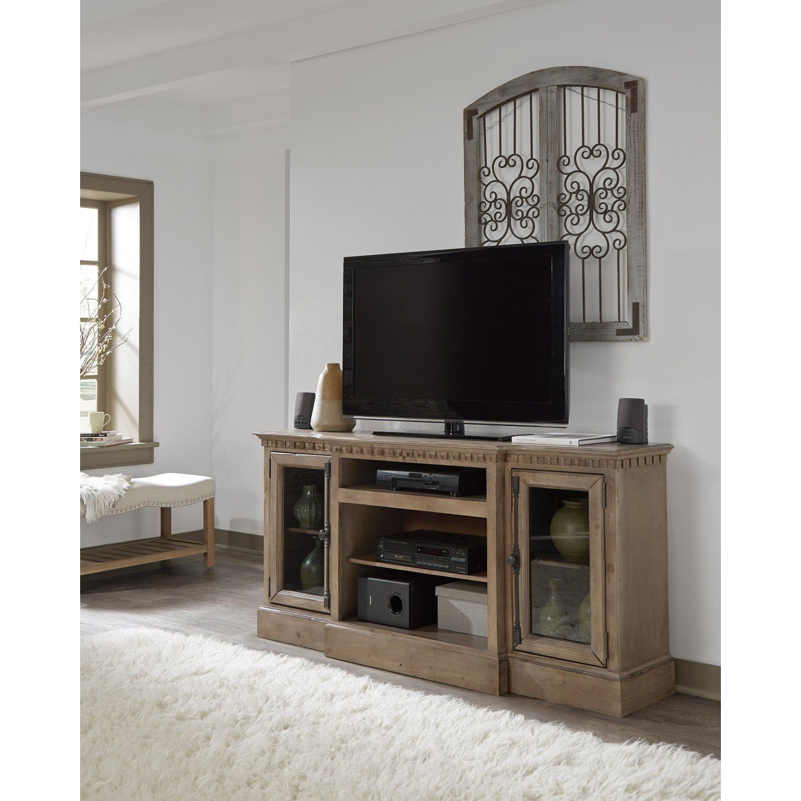 Elegant Andover Court 74" Brown Pine Wood TV Console with Cabinet