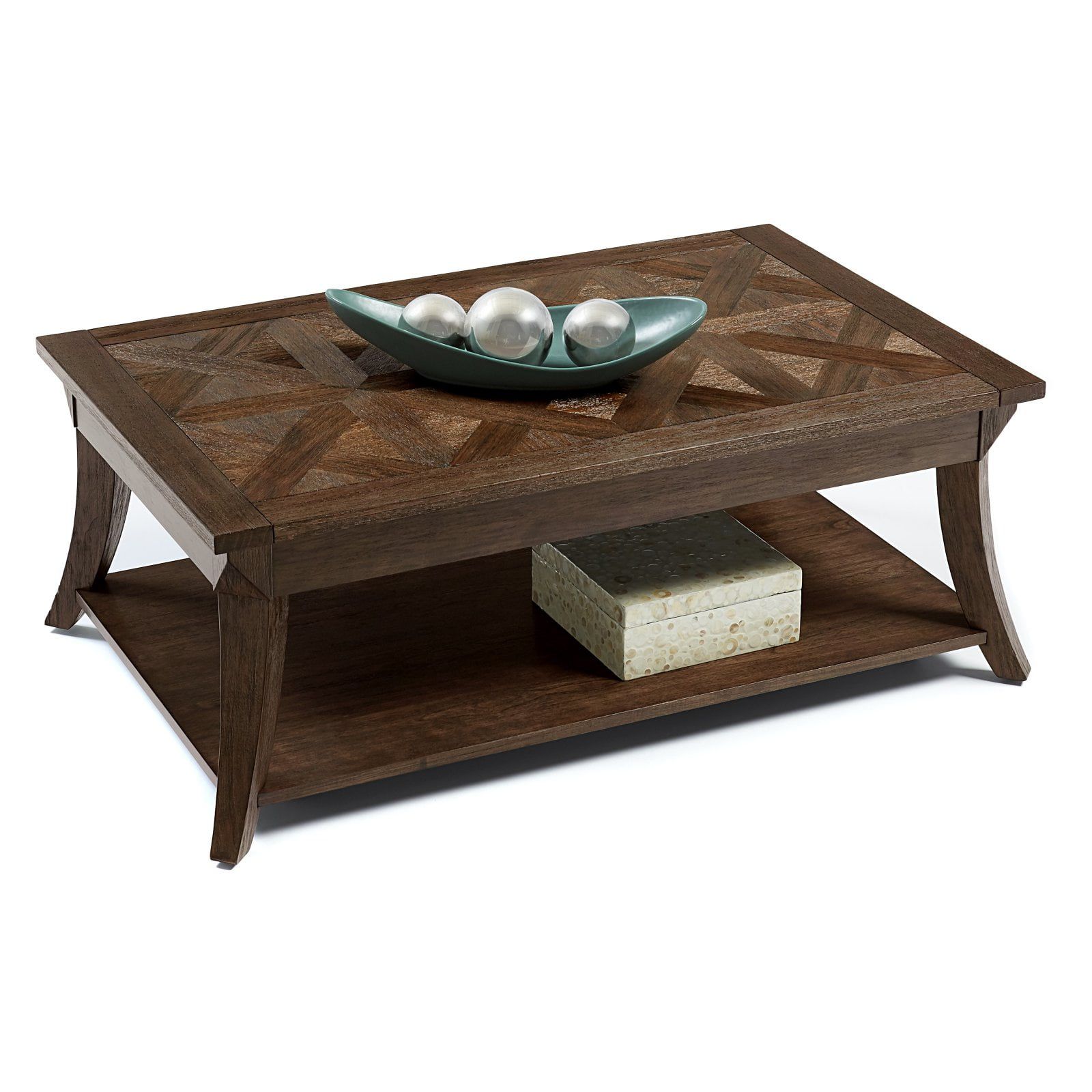 Dark Poplar Brown Rectangular Wood Coffee Table with Parquet Top